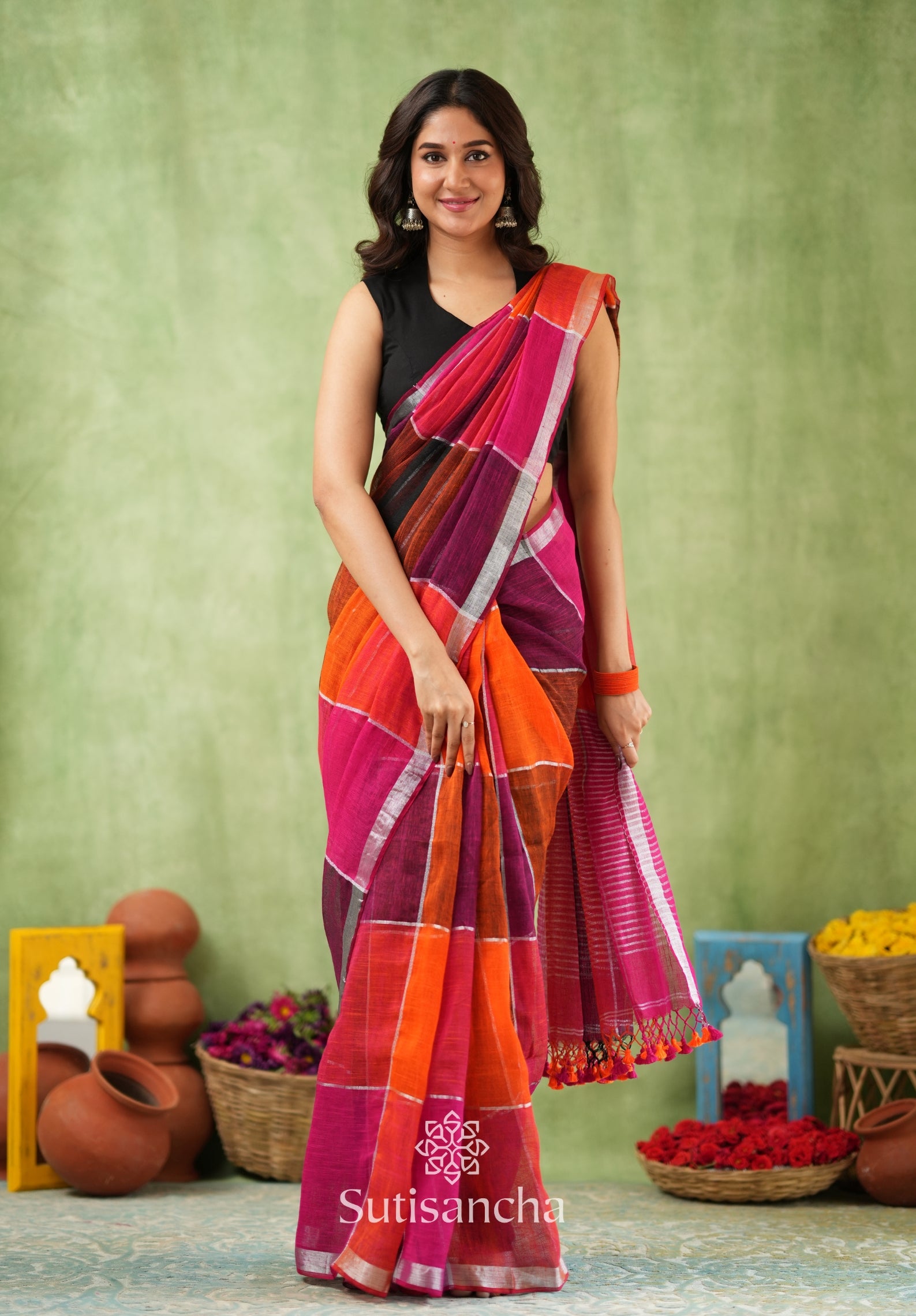 Color Block Linen Cotton Saree – Modern Classic