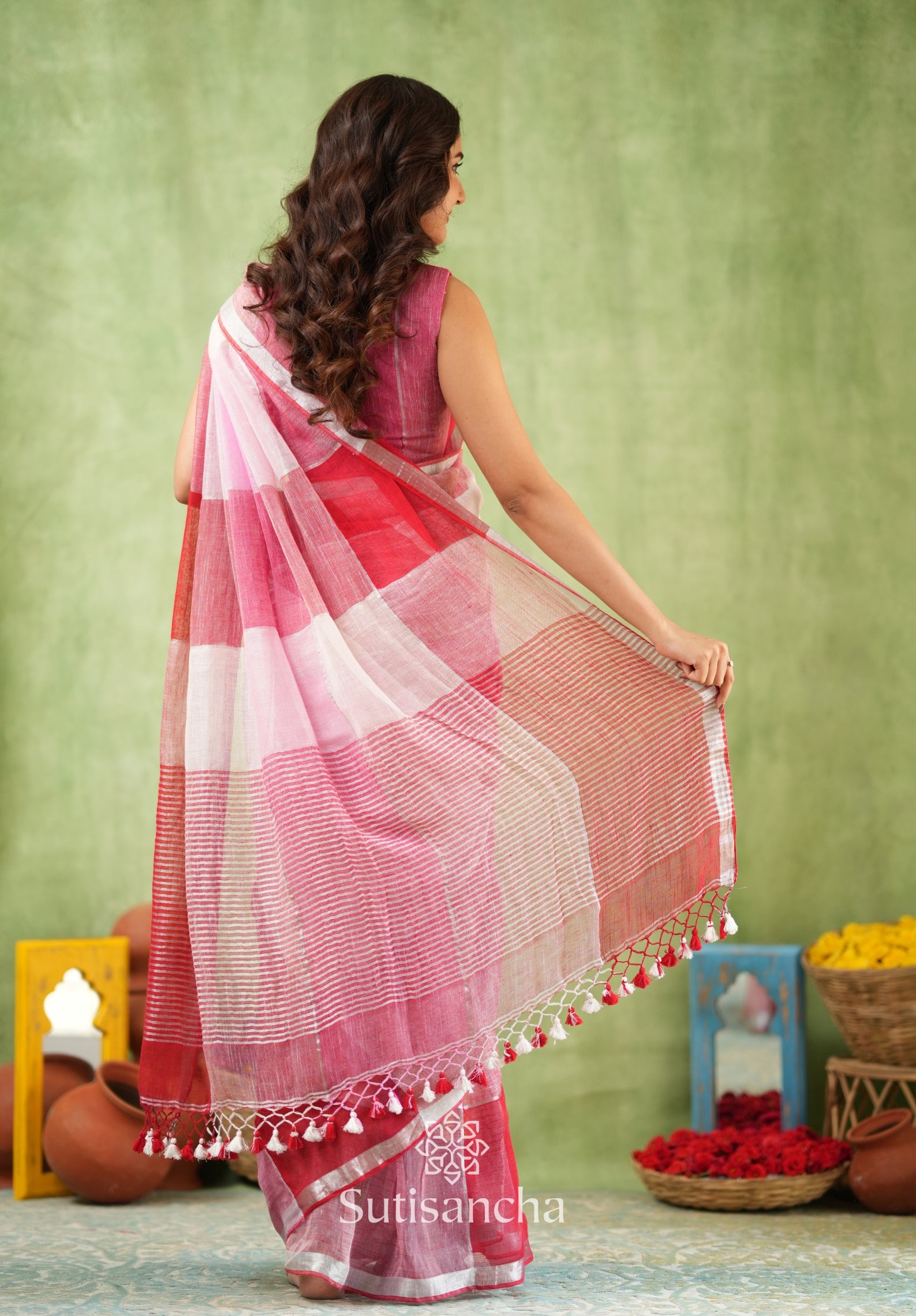 Color Block Linen Cotton Saree – Modern Classic