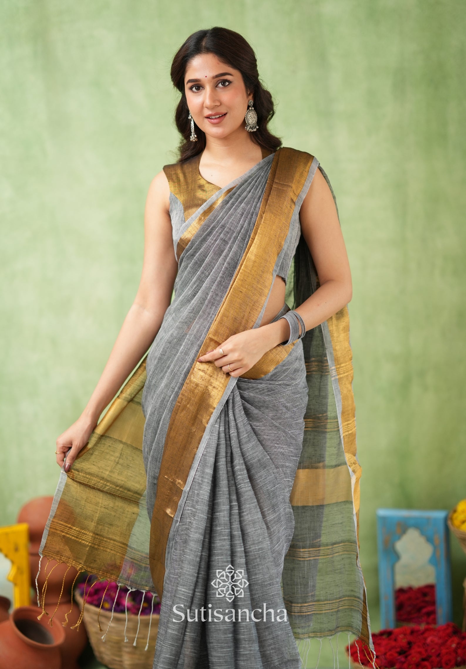Lustrous Golden Border Cotton Linen Saree