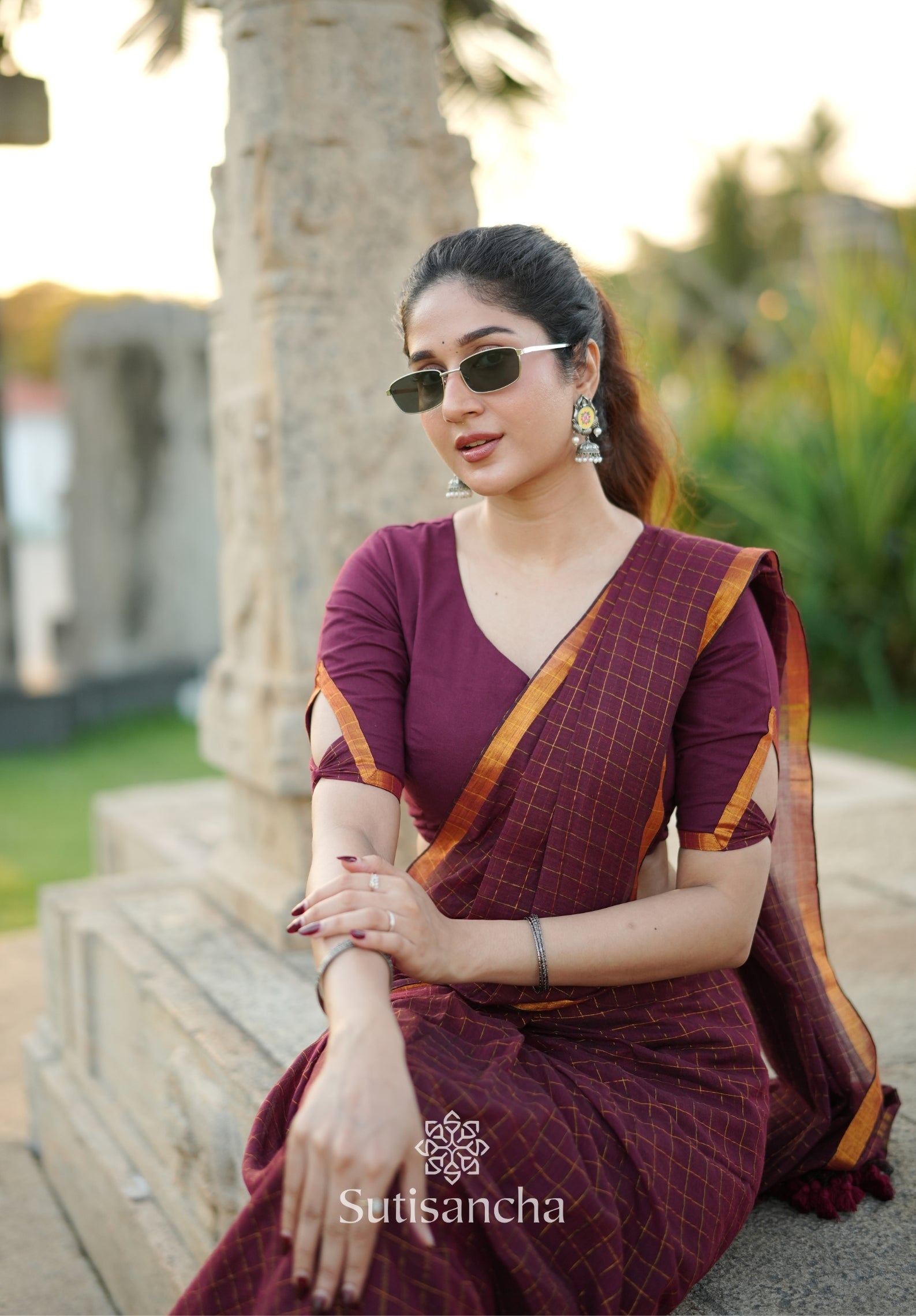 Golden Grid Classic Mul Cotton Saree