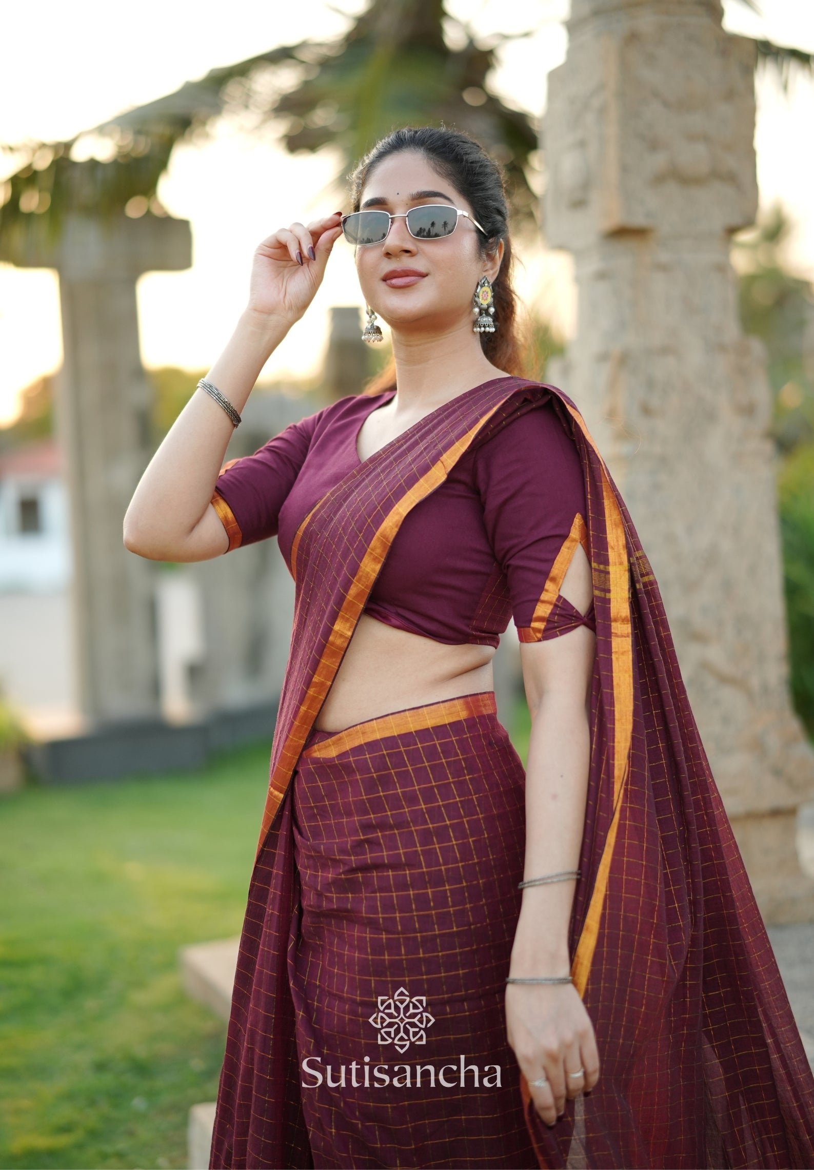Golden Grid Classic Mul Cotton Saree