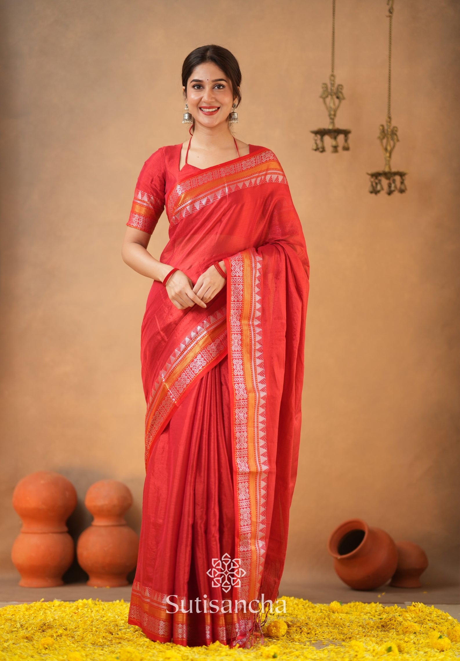Artisan’s Touch: Red Handloom Tissue Cotton Saree