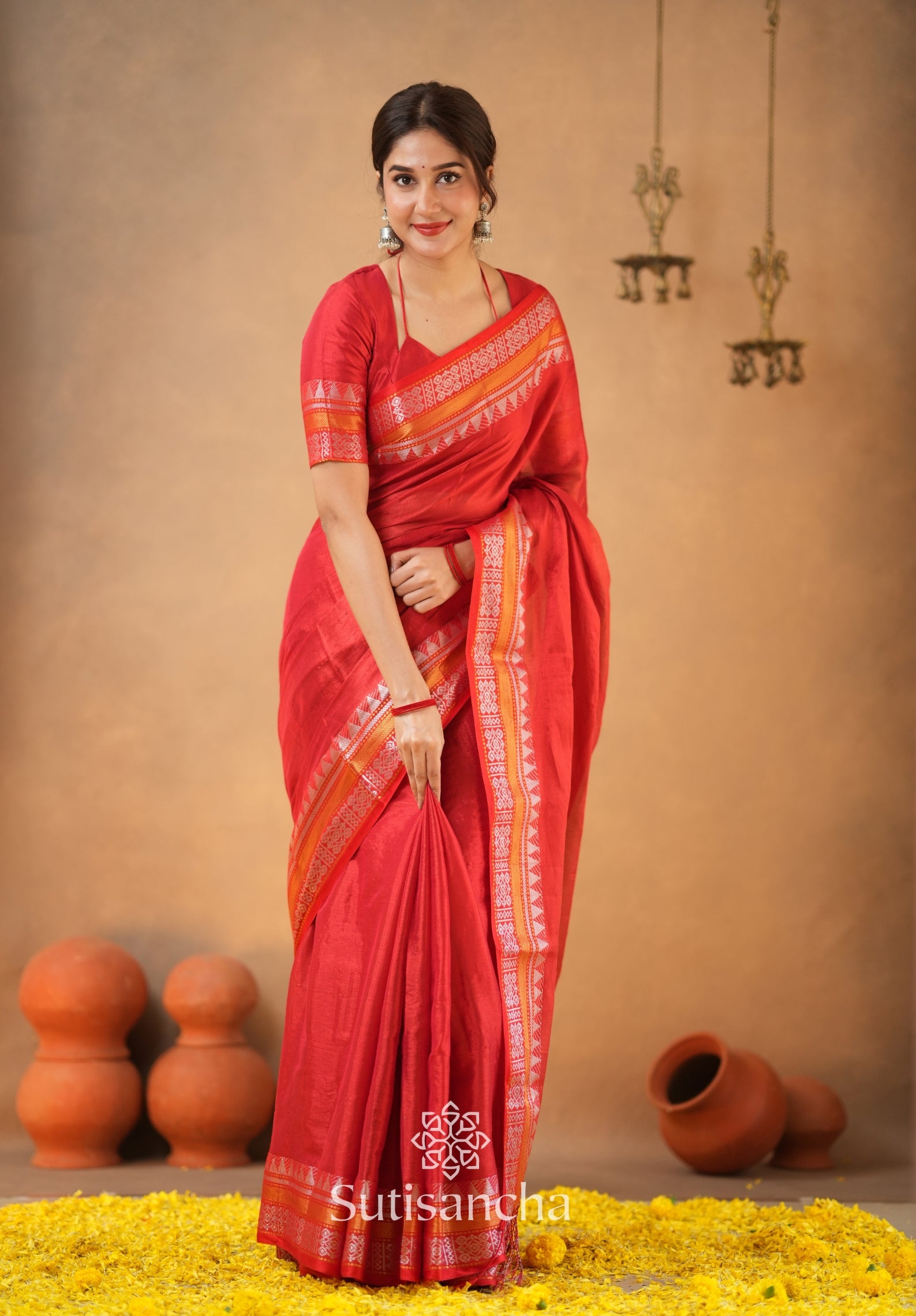 Artisan’s Touch: Red Handloom Tissue Cotton Saree