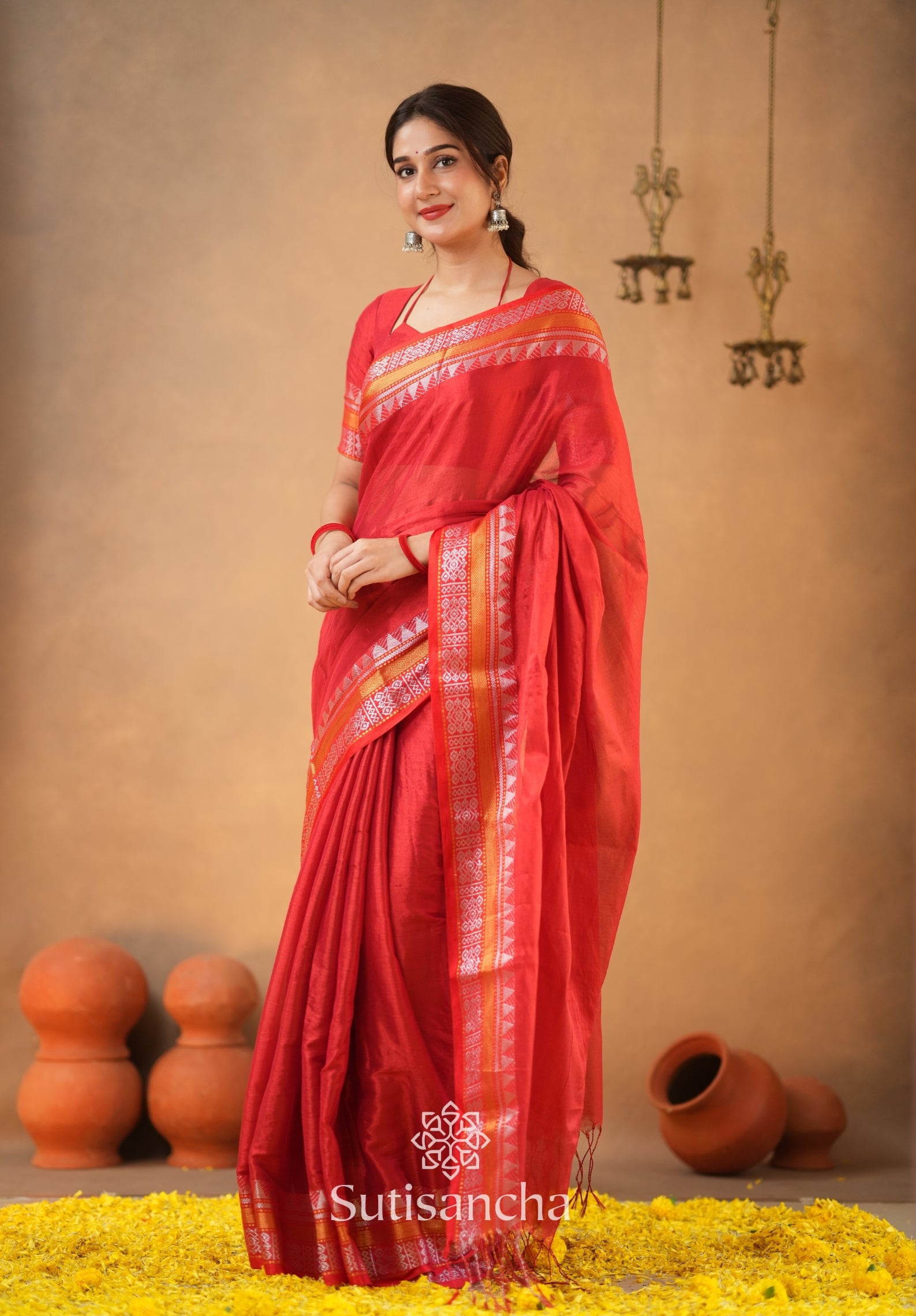 Artisan’s Touch: Red Handloom Tissue Cotton Saree