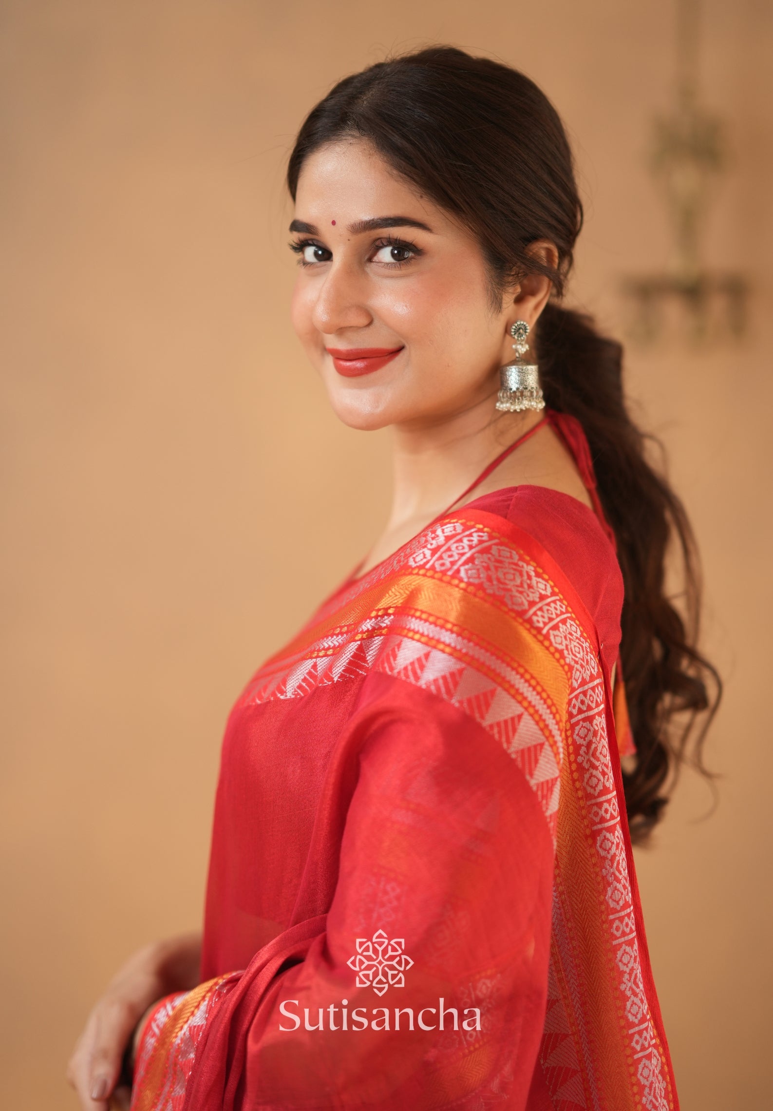 Artisan’s Touch: Red Handloom Tissue Cotton Saree