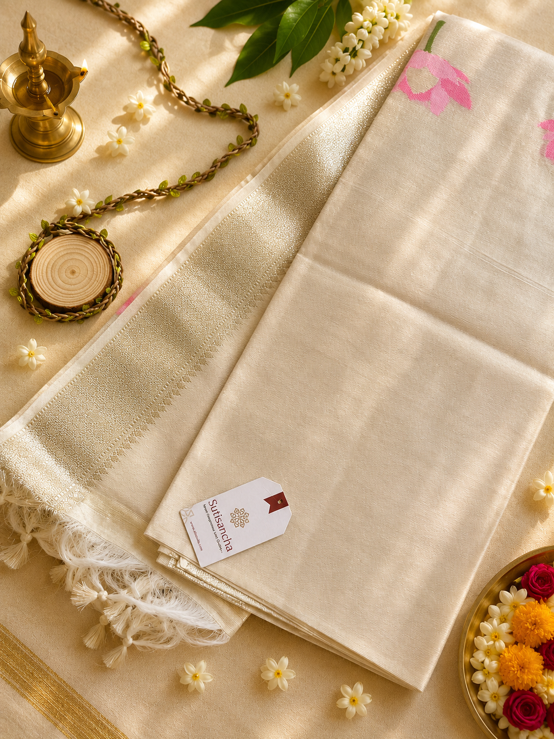 Pure Cotton Saree with Pink Lotus Motifs & Zari Border