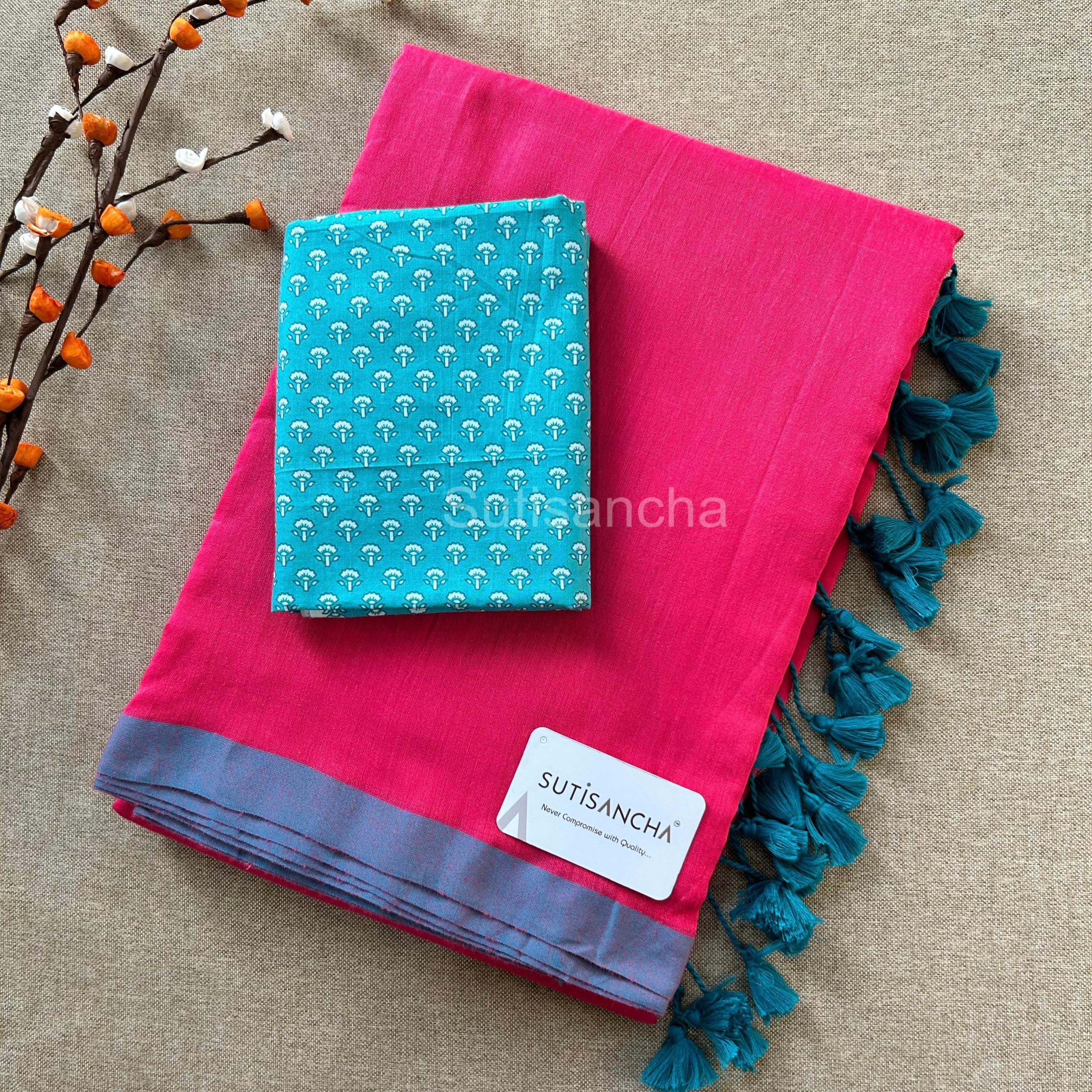 Sutisancha pink & sky Border Handloom Saree - Suti Sancha