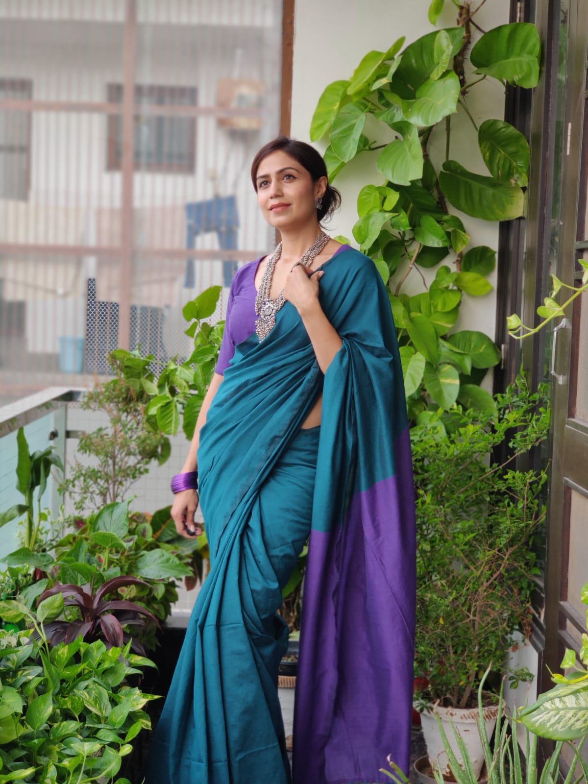 Sutisancha Purple & Rama Handwoven Khadi Saree - Suti Sancha