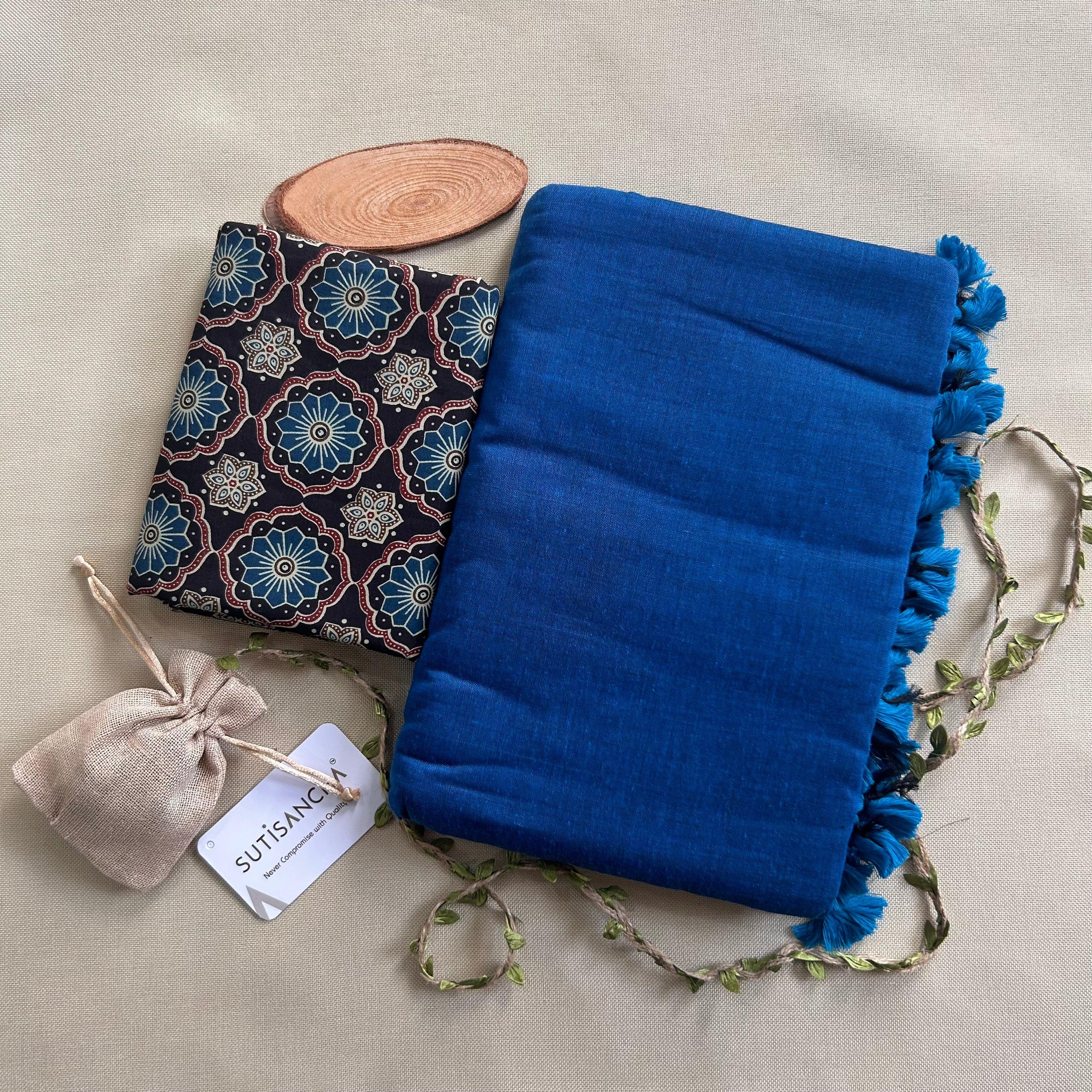 Sutisancha Indigo Khadi Saree & ajrakh Blouse - Suti Sancha