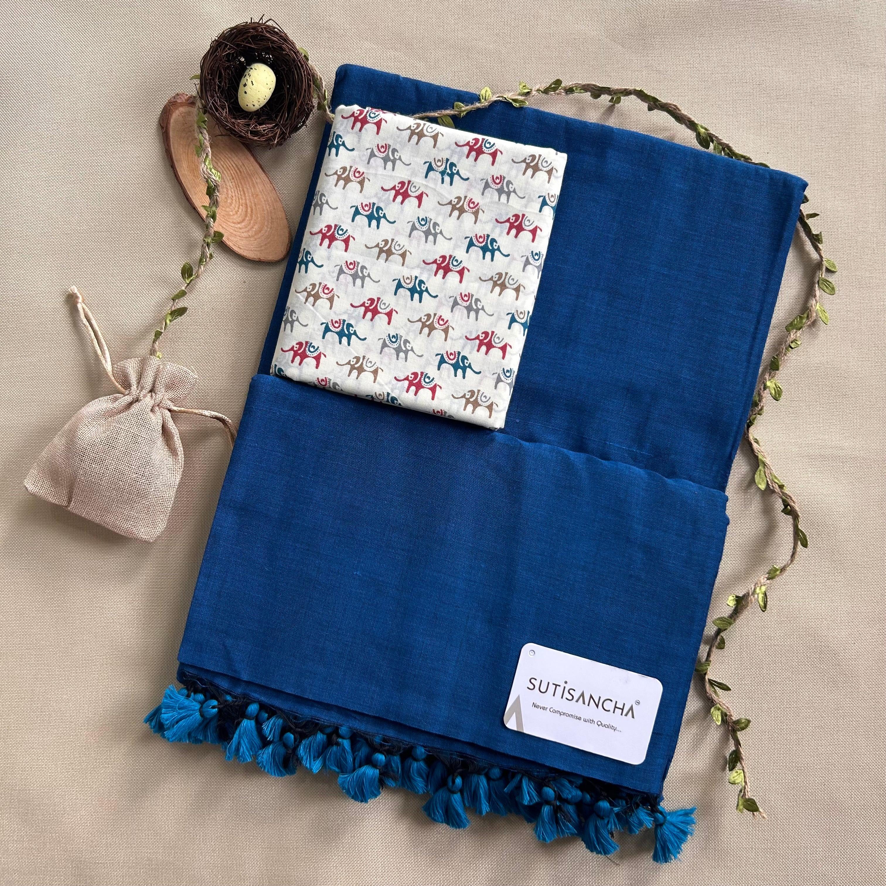 Sutisancha Indigo Khadi Saree & Designer Blouse - Suti Sancha