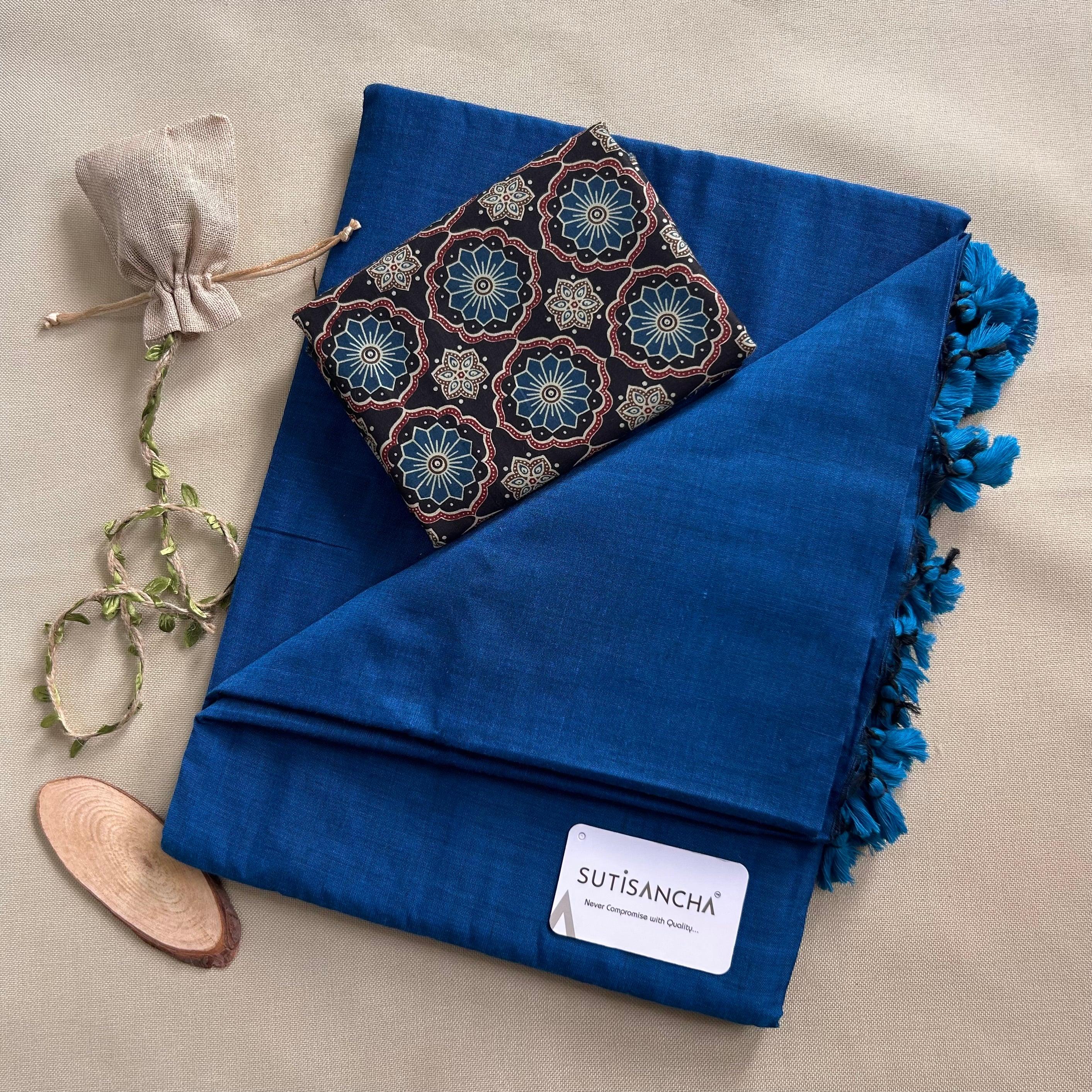 Sutisancha Indigo Khadi Saree & ajrakh Blouse - Suti Sancha