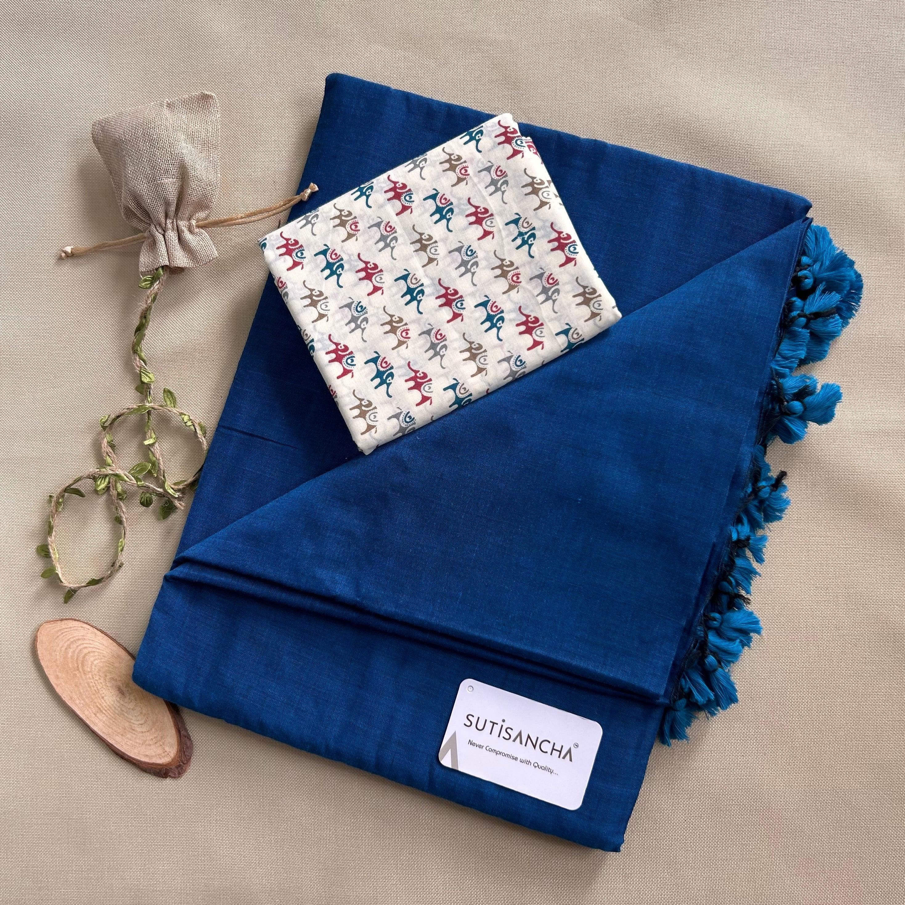 Sutisancha Indigo Khadi Saree & Designer Blouse - Suti Sancha