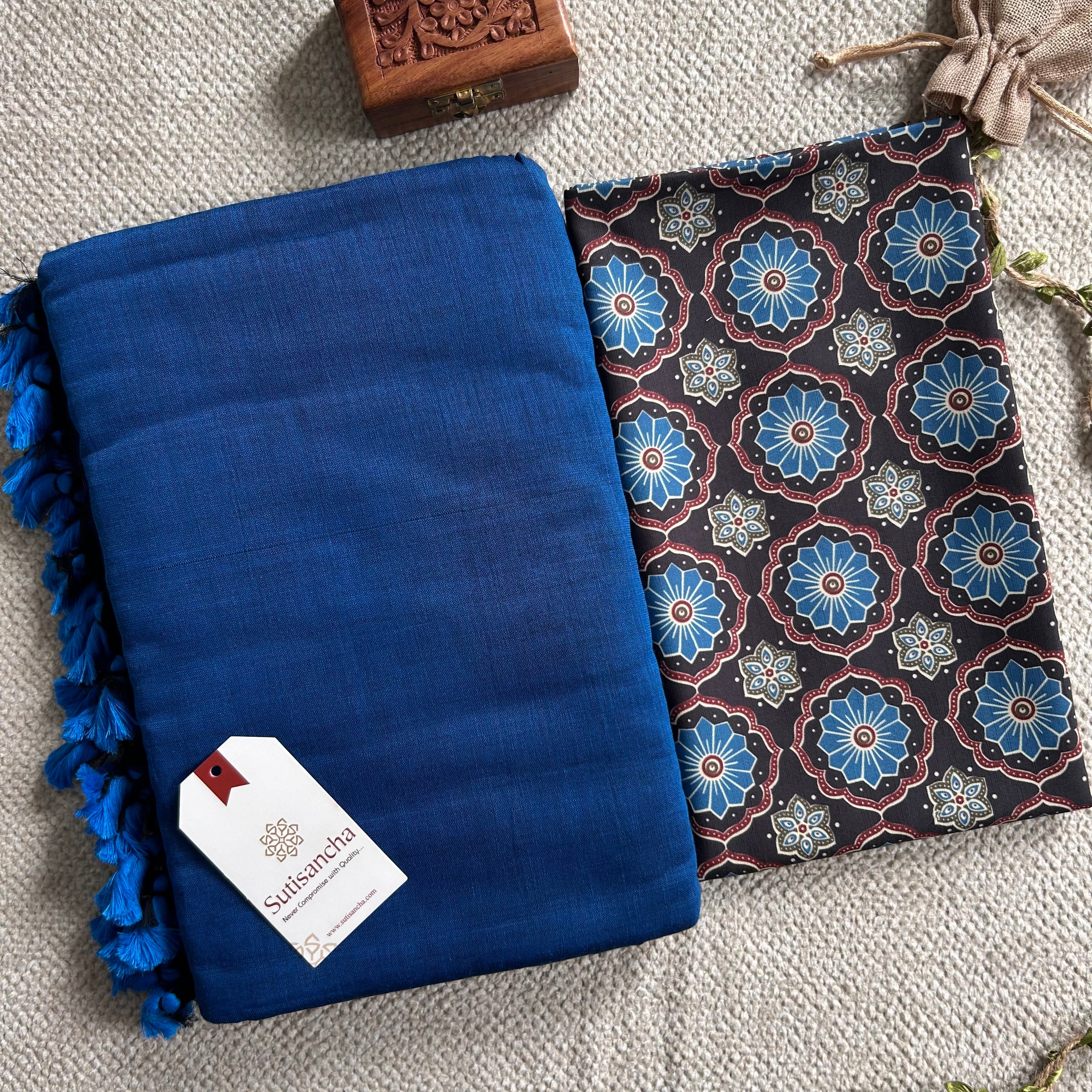 Sutisancha Indigo Handloom Cotton Saree & Ajrakh Blouse