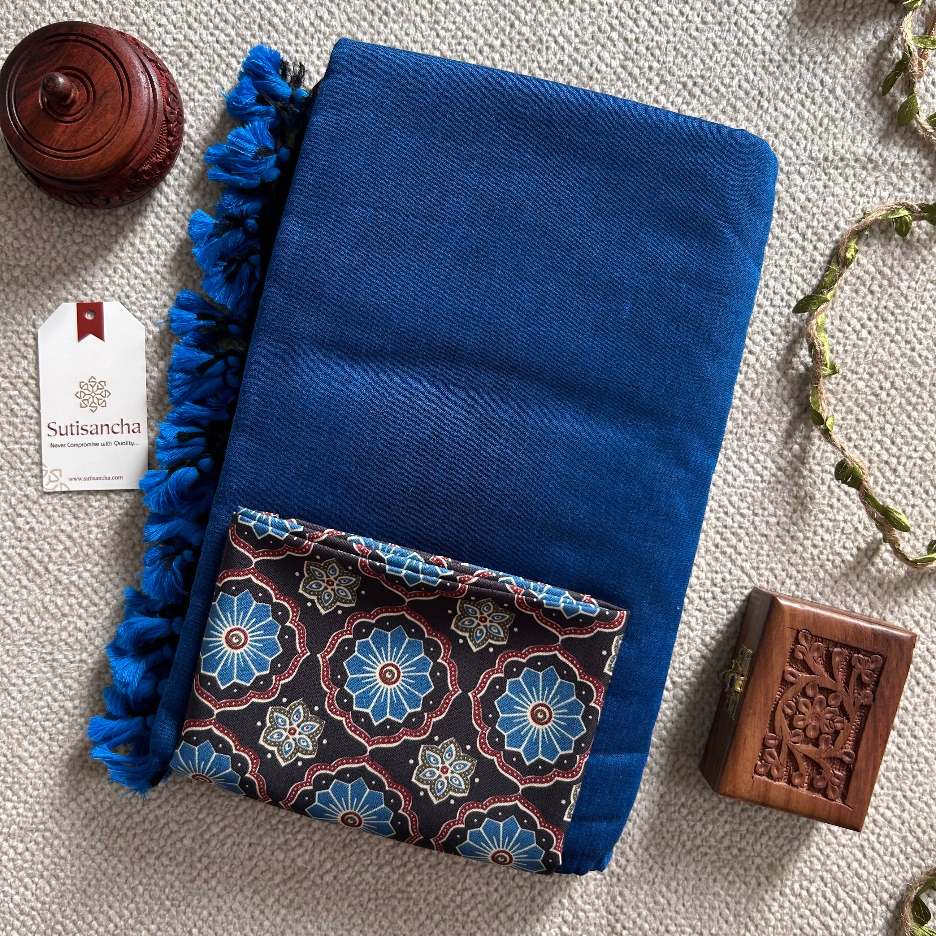 Sutisancha Indigo Handloom Cotton Saree & Ajrakh Blouse