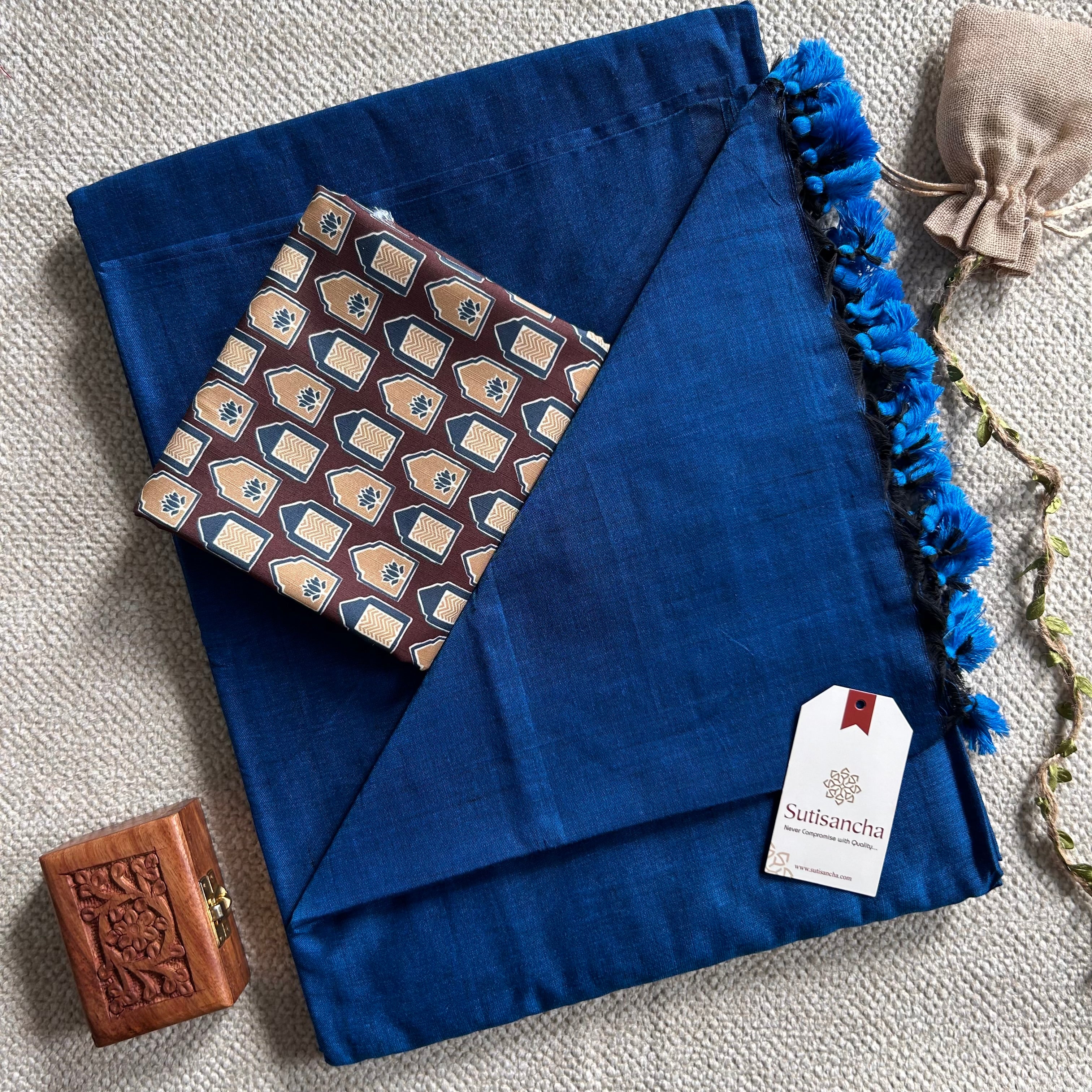 Sutisancha indigoblue Handloom Cotton Saree with Blouse