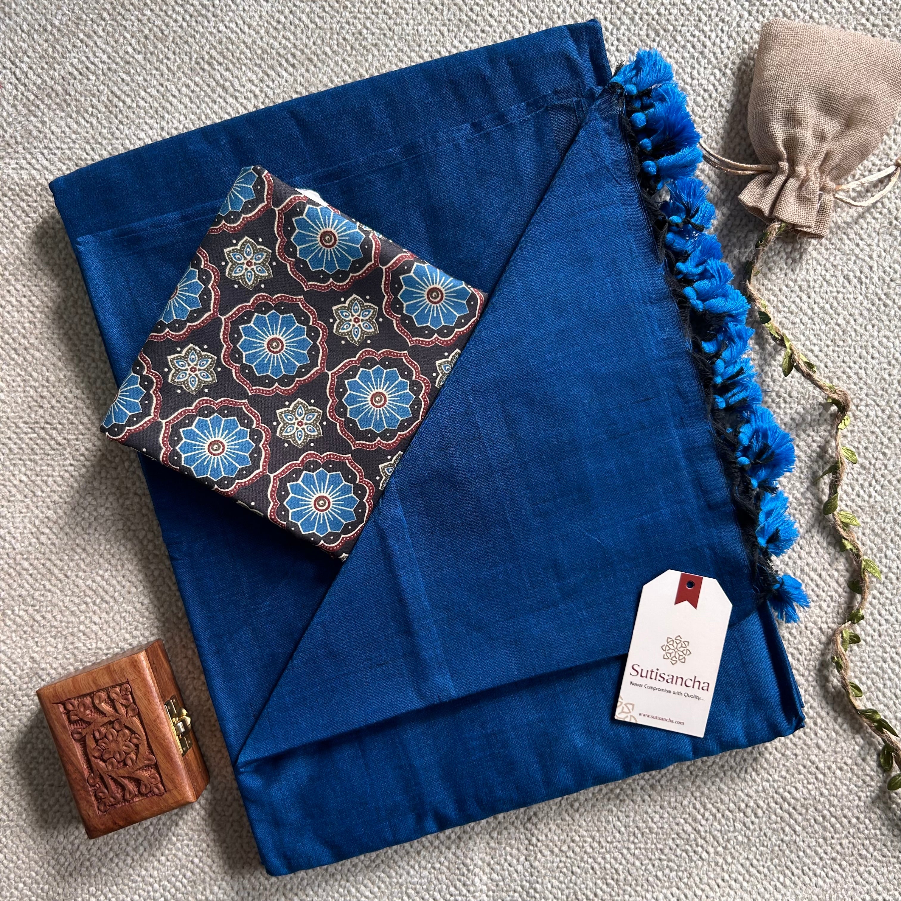 Sutisancha Indigo Handloom Cotton Saree & Ajrakh Blouse
