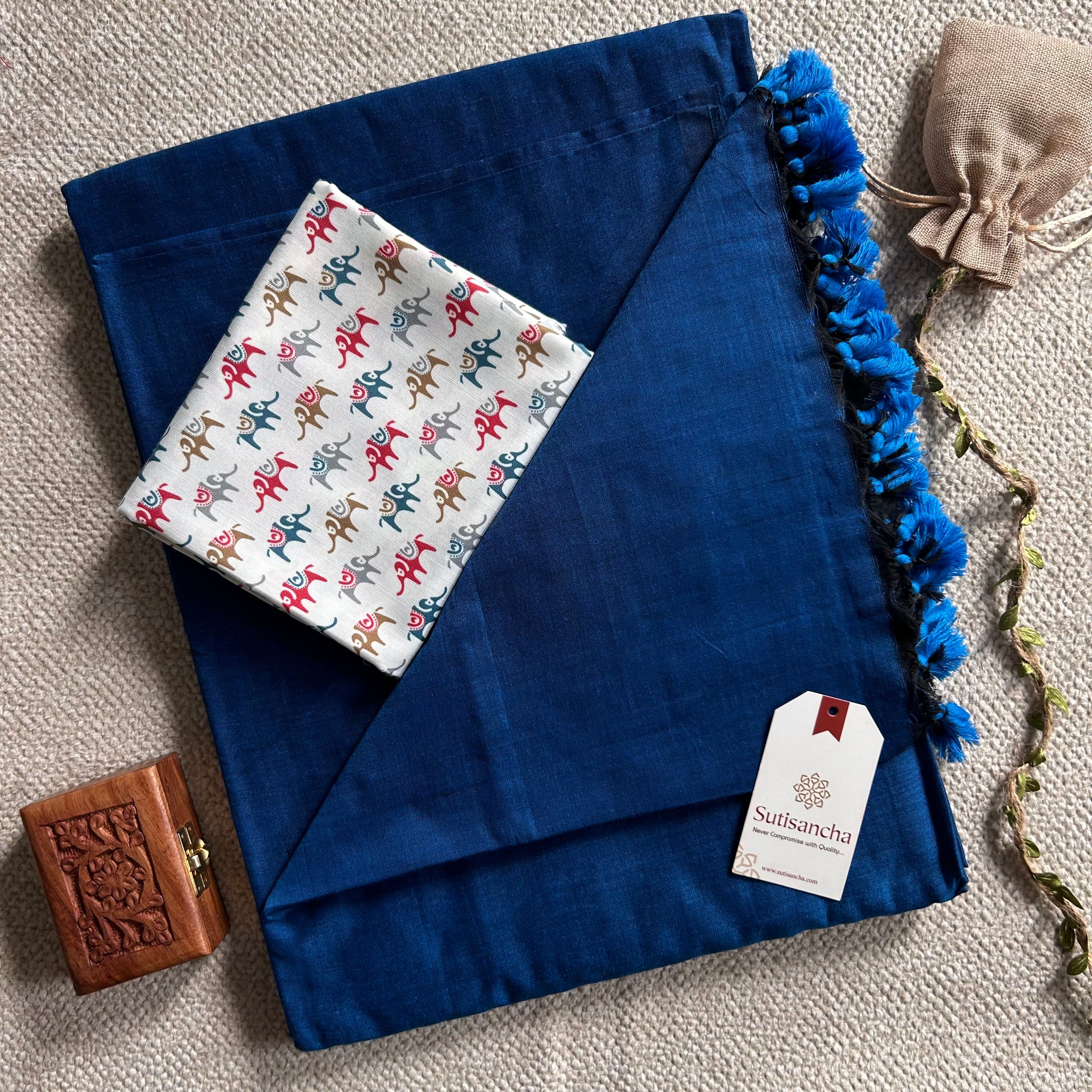 Sutisancha Indigo Handloom Cotton Saree & Designer Blouse