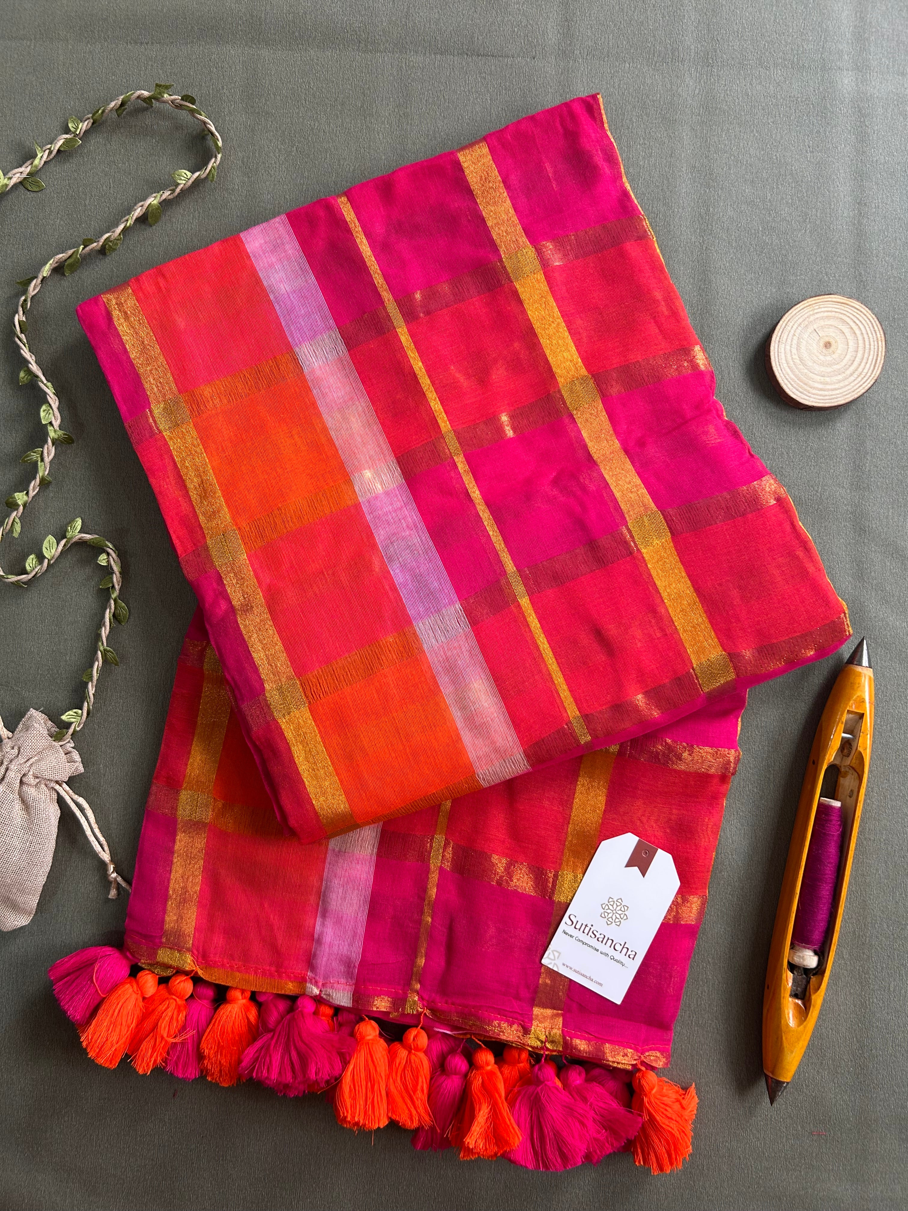 Pink Flame Mul Cotton Checked Saree