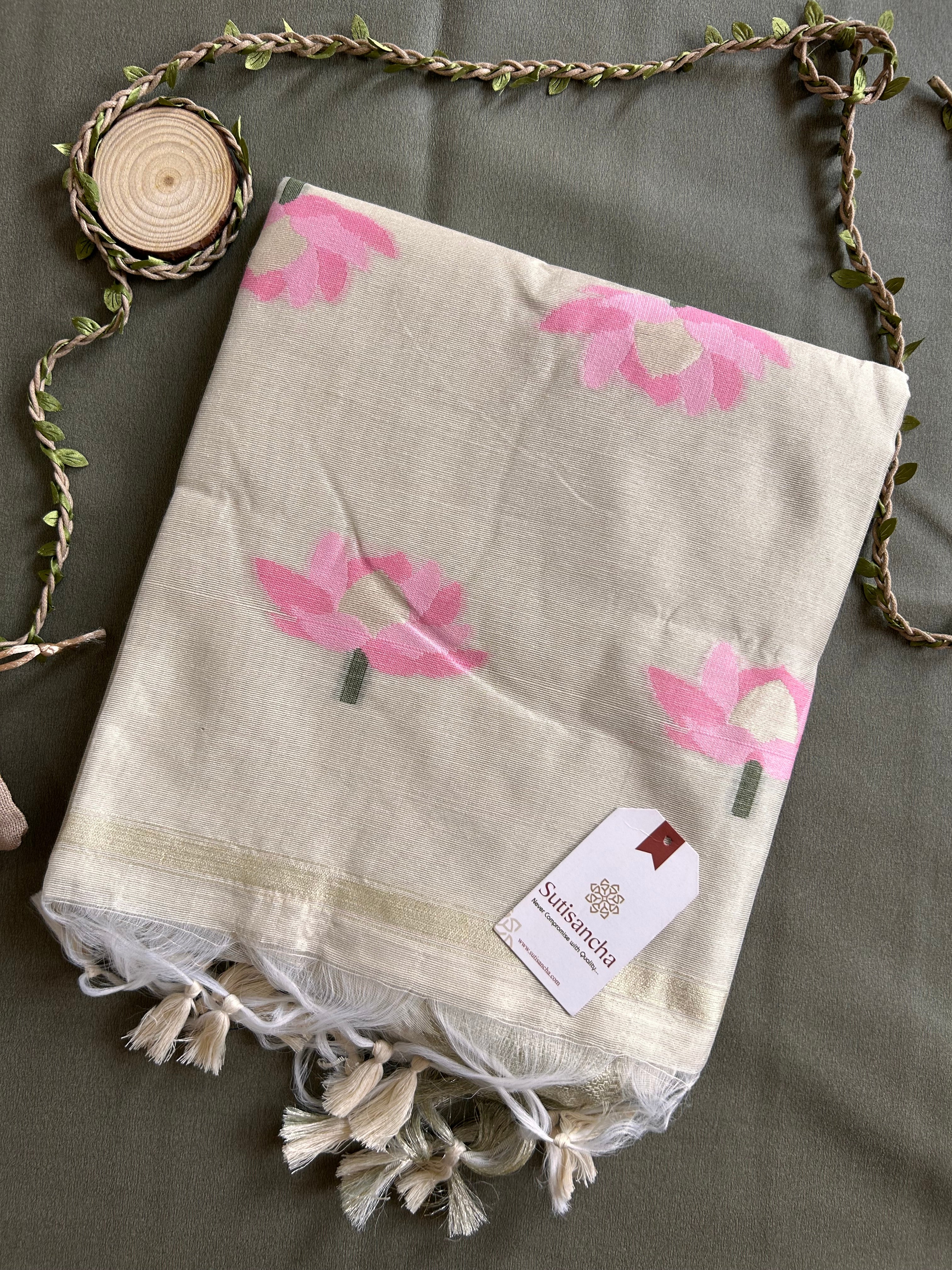 Grey Pure Cotton Saree with Pink Lotus Motifs & Zari Border