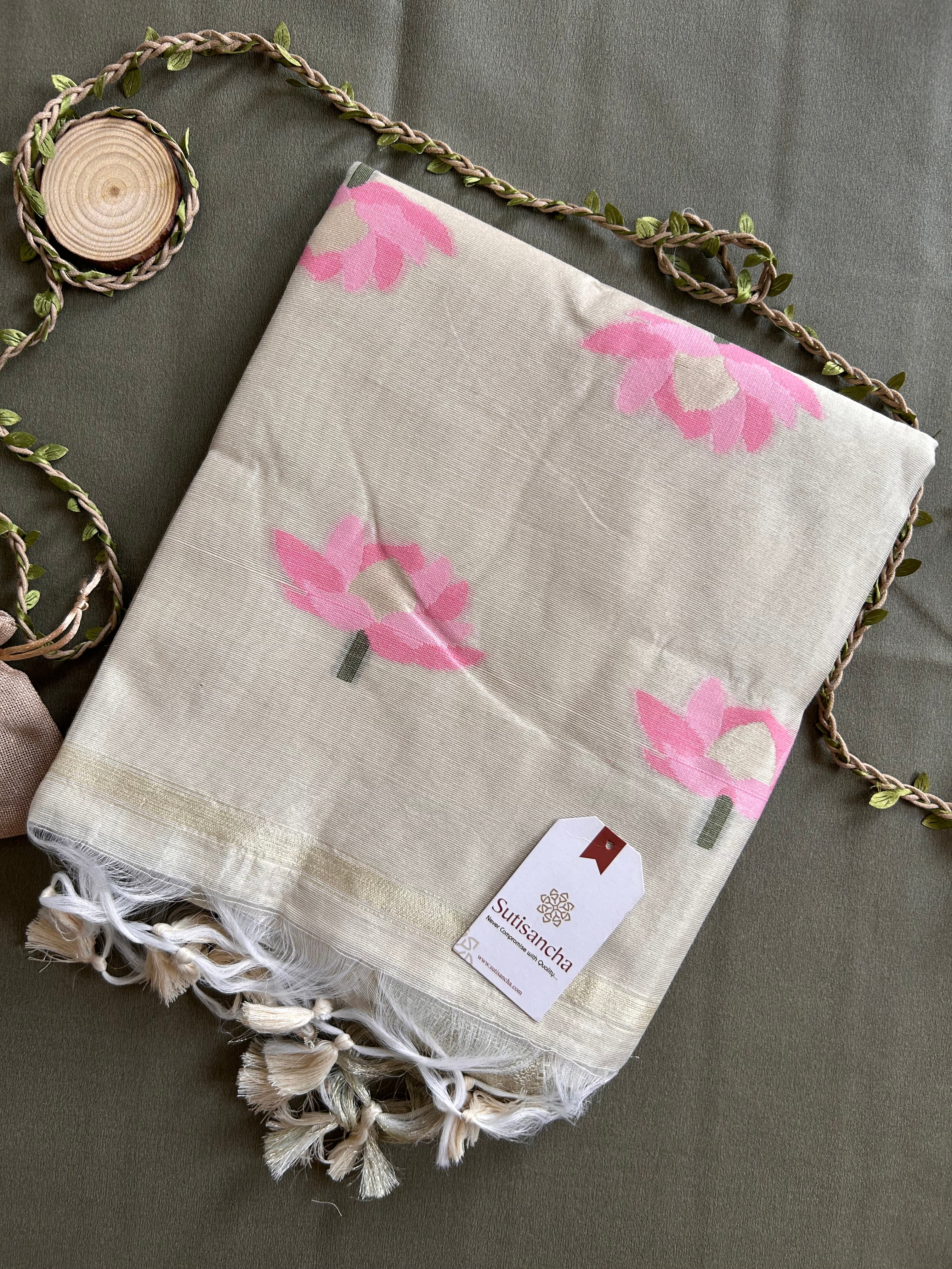 Grey Pure Cotton Saree with Pink Lotus Motifs & Zari Border