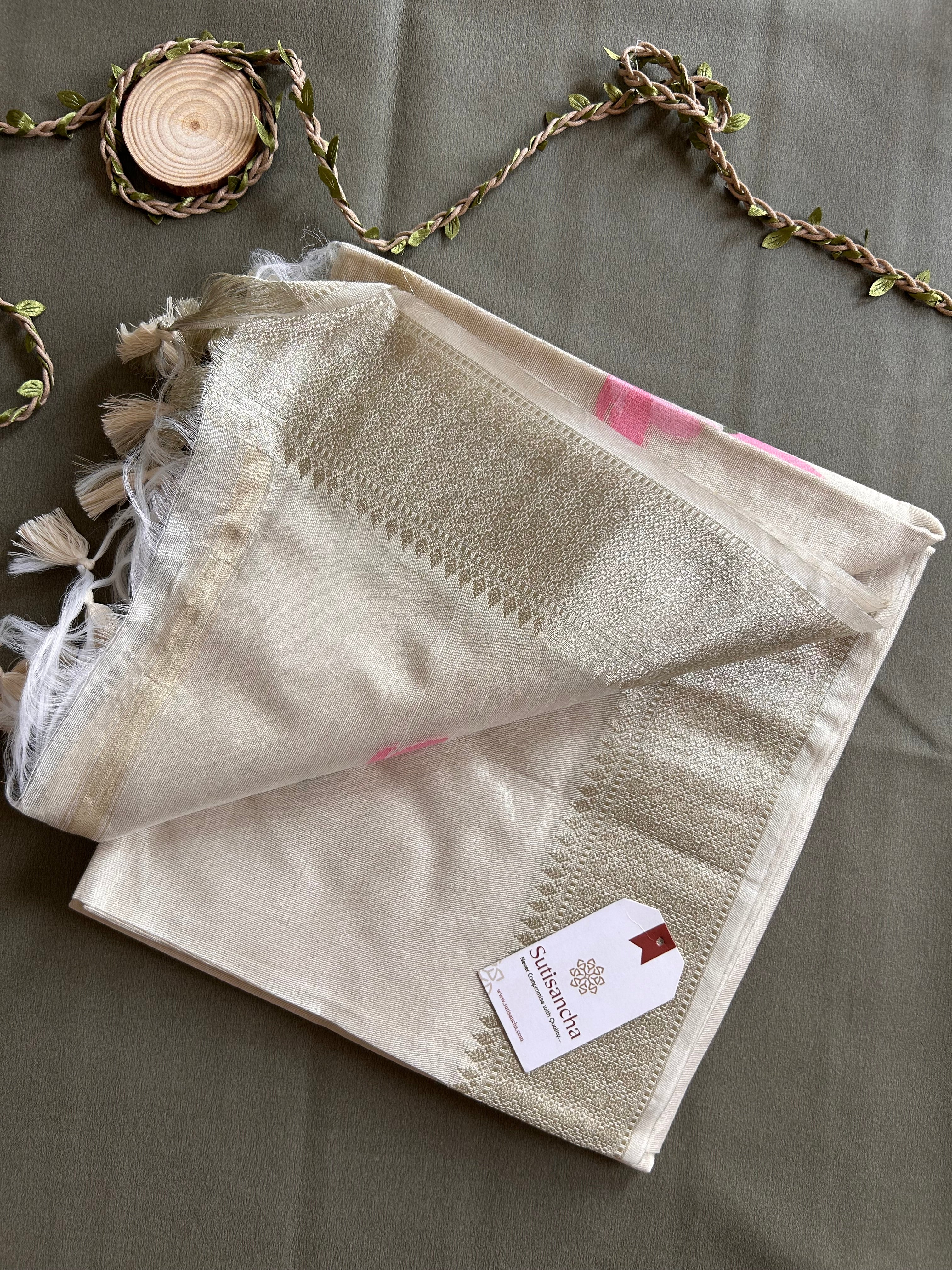 Grey Pure Cotton Saree with Pink Lotus Motifs & Zari Border