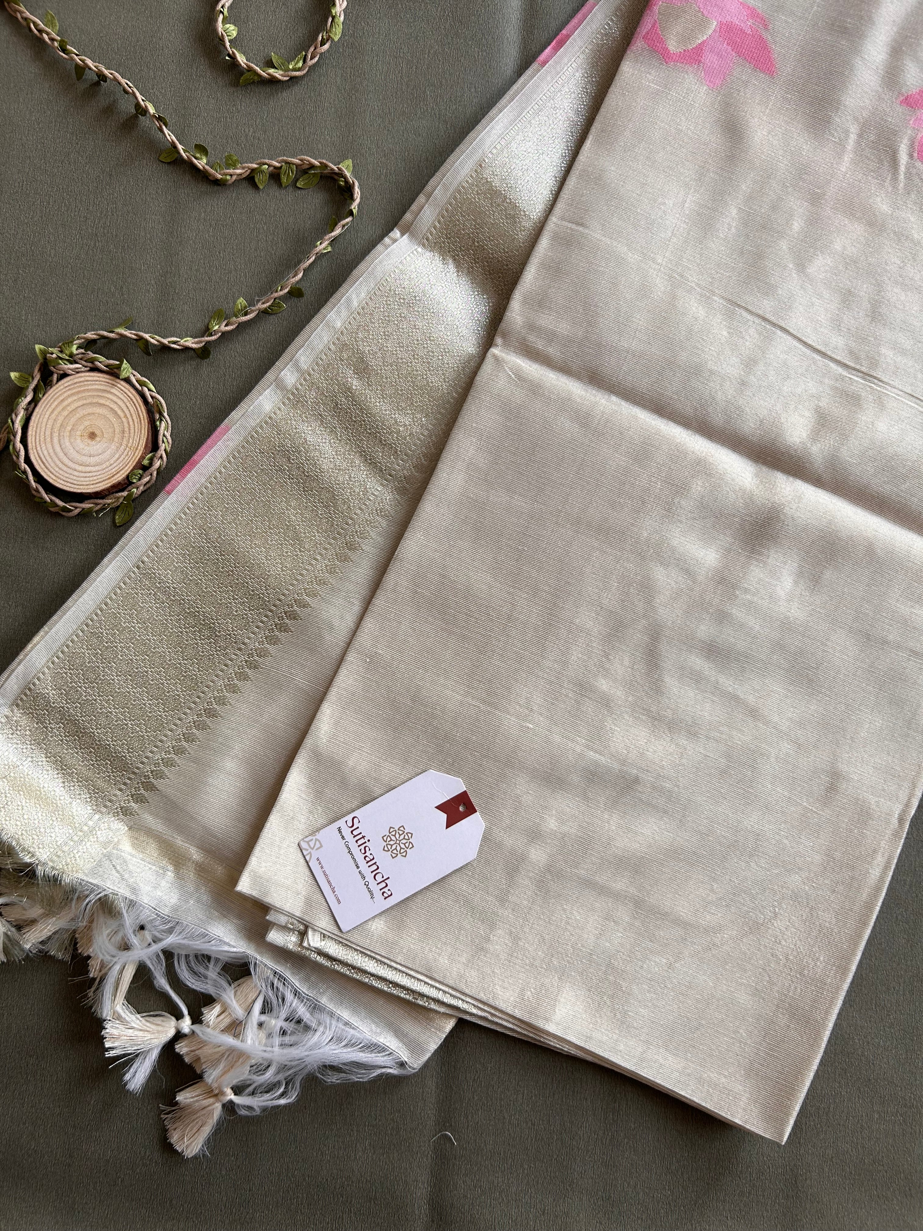 Grey Pure Cotton Saree with Pink Lotus Motifs & Zari Border