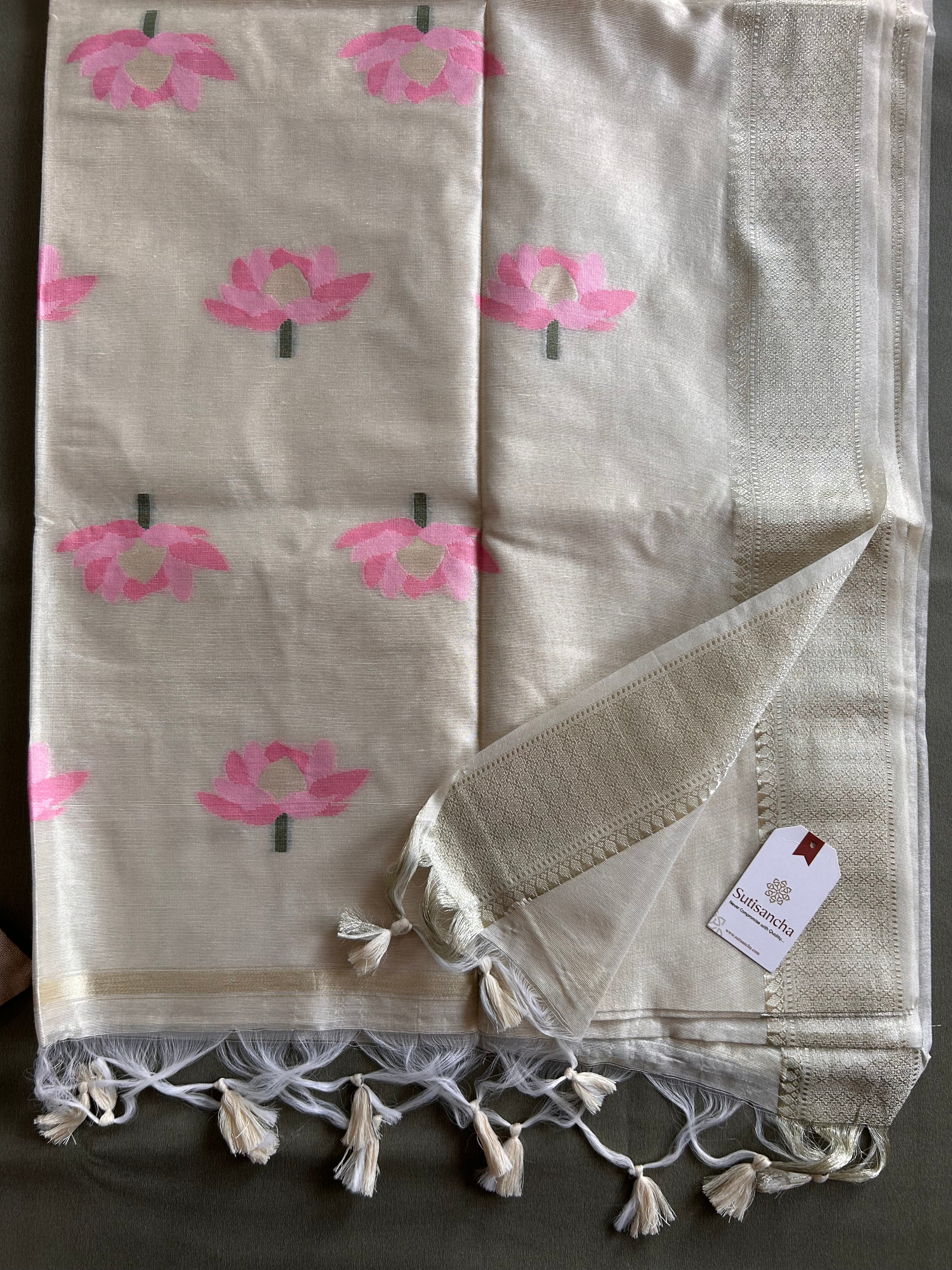 Grey Pure Cotton Saree with Pink Lotus Motifs & Zari Border