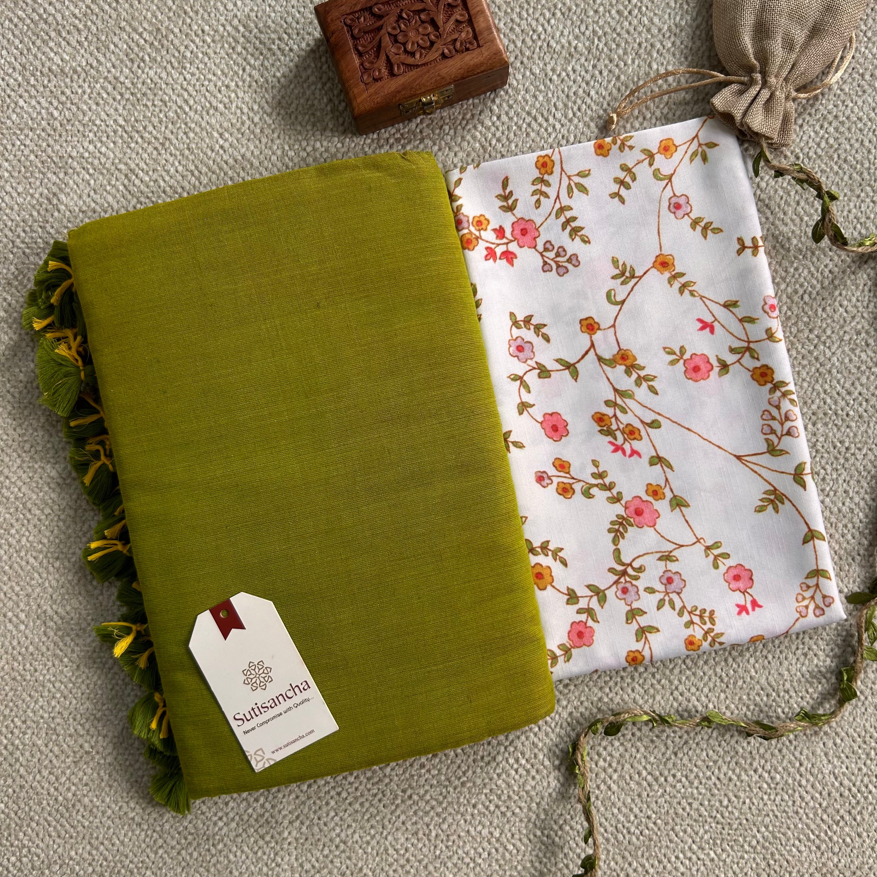 Sutisancha Lime colour Handloom Cotton Saree with Designer Blouse