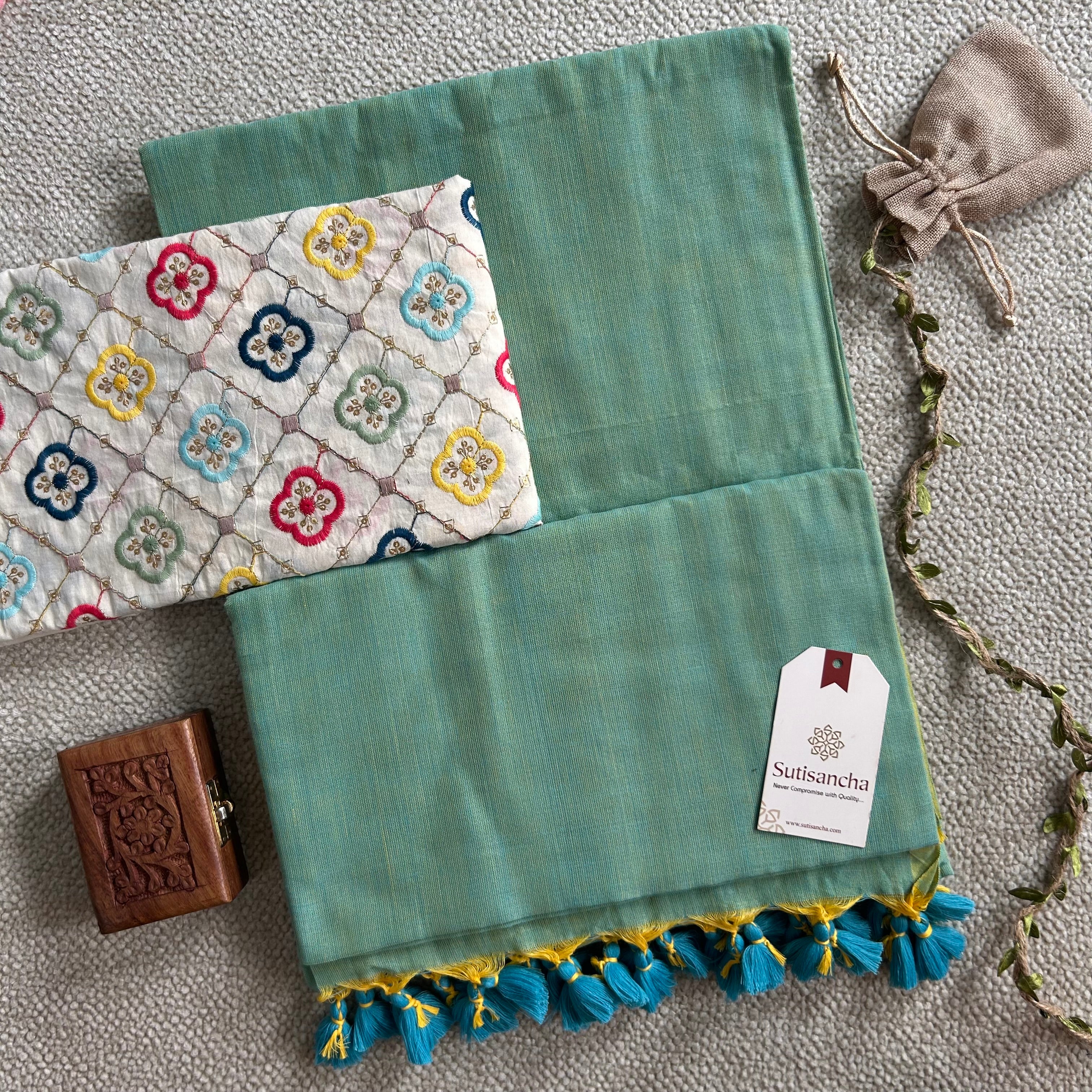 Sutisancha PistaGreen Handloom Cotton Saree with Designer Blouse