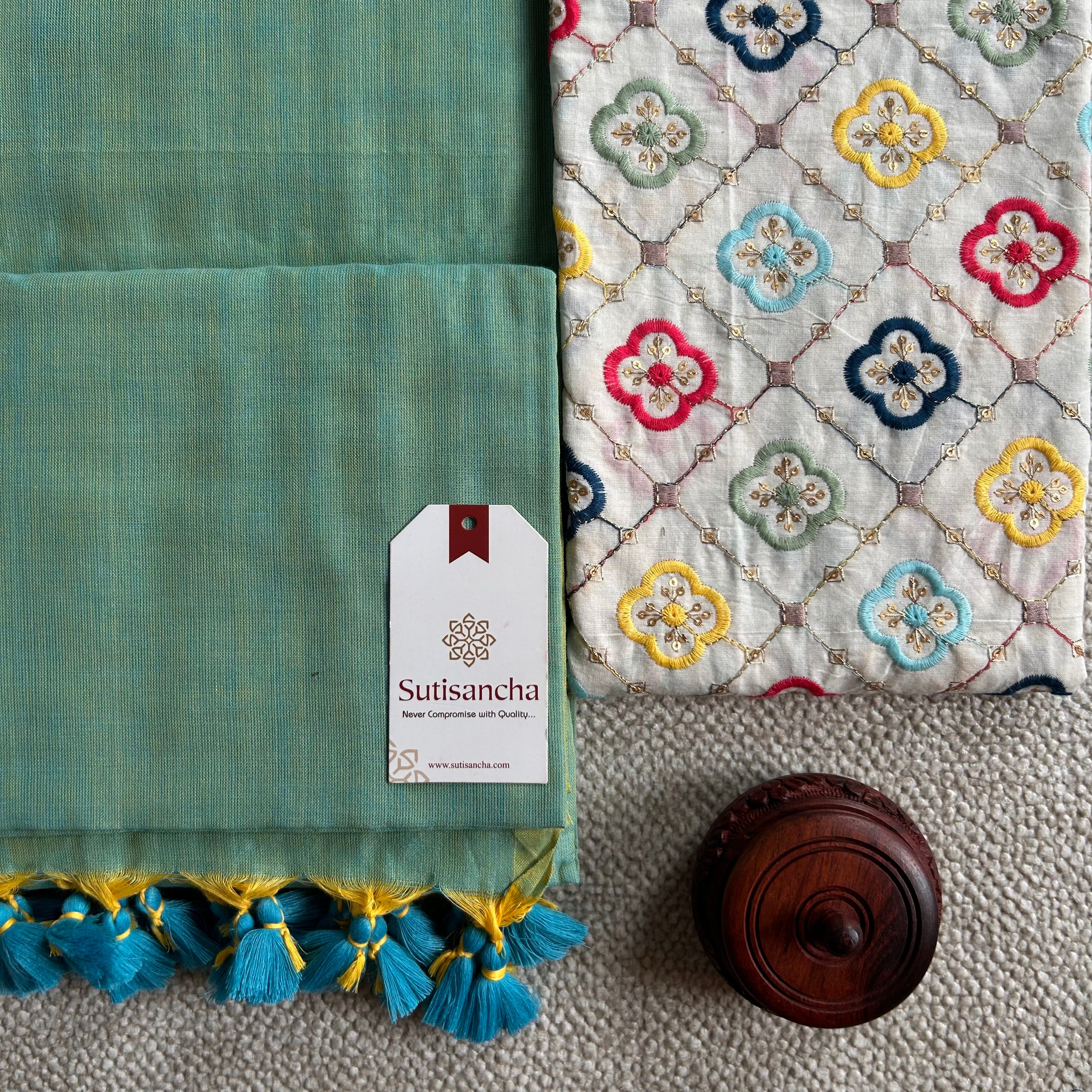 Sutisancha PistaGreen Handloom Cotton Saree with Designer Blouse