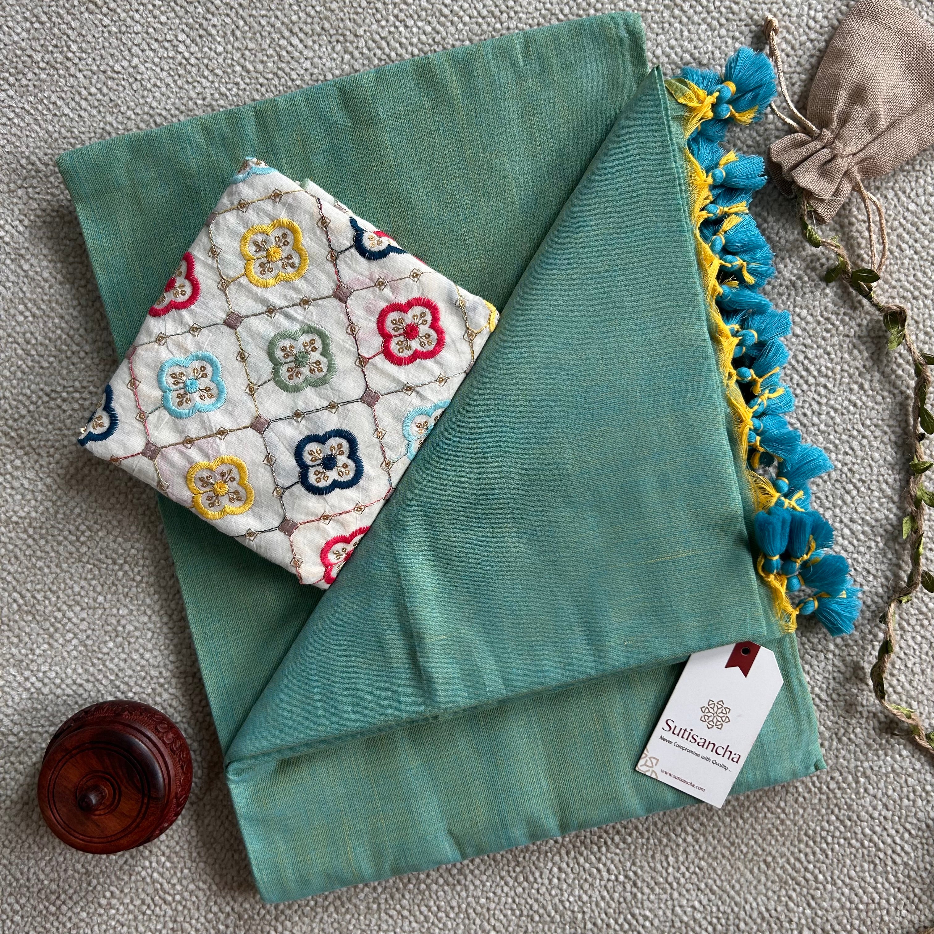 Sutisancha PistaGreen Handloom Cotton Saree with Designer Blouse