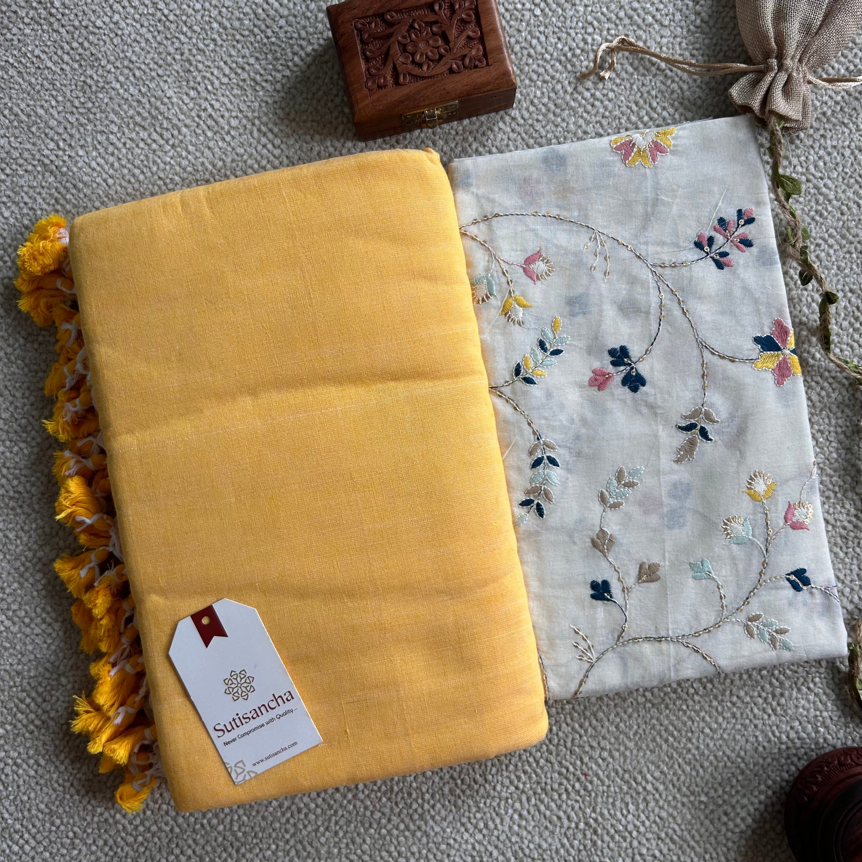 Sutisancha Yellow Handloom Cotton Saree with Designer Blouse