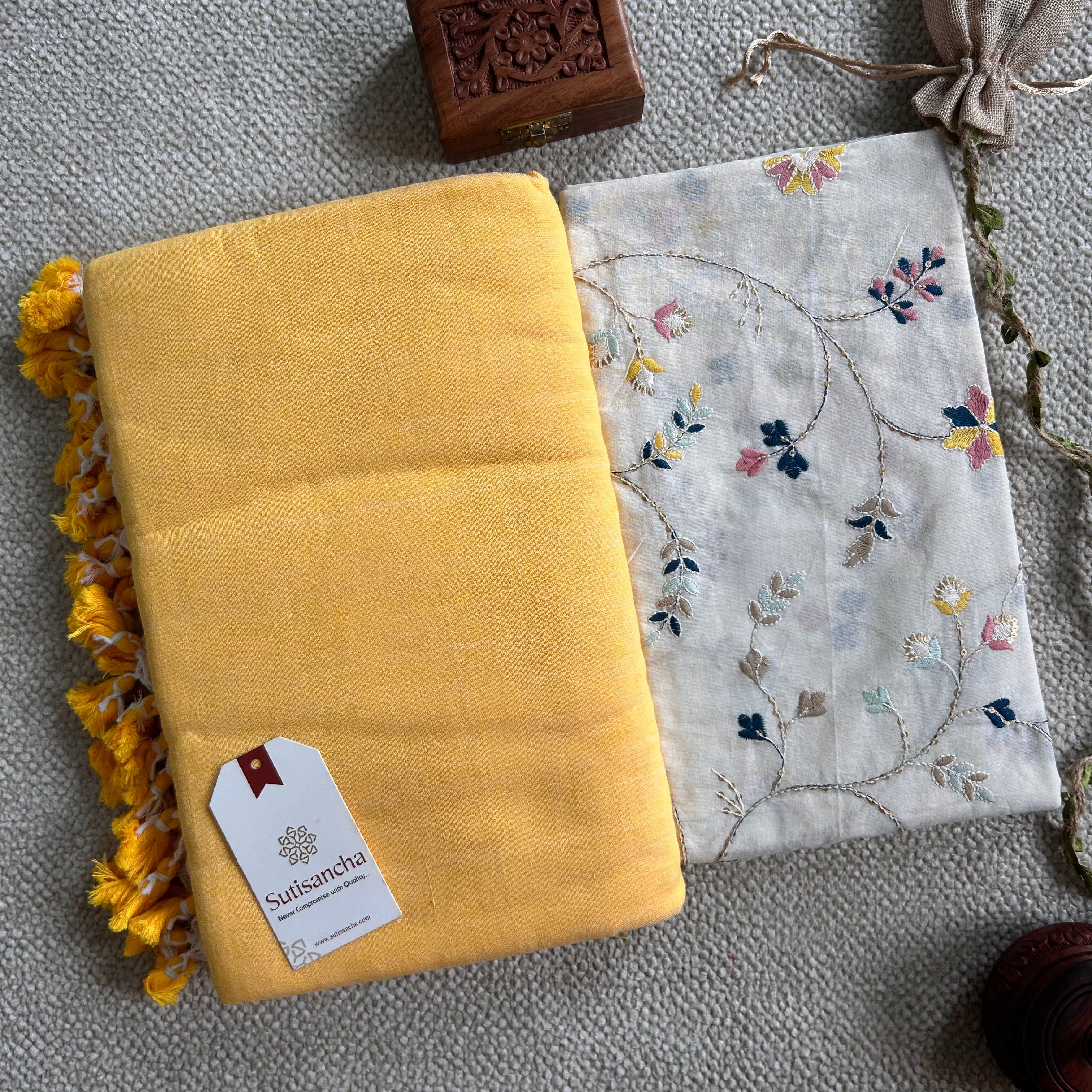 Sutisancha Yellow Handloom Cotton Saree with Designer Blouse