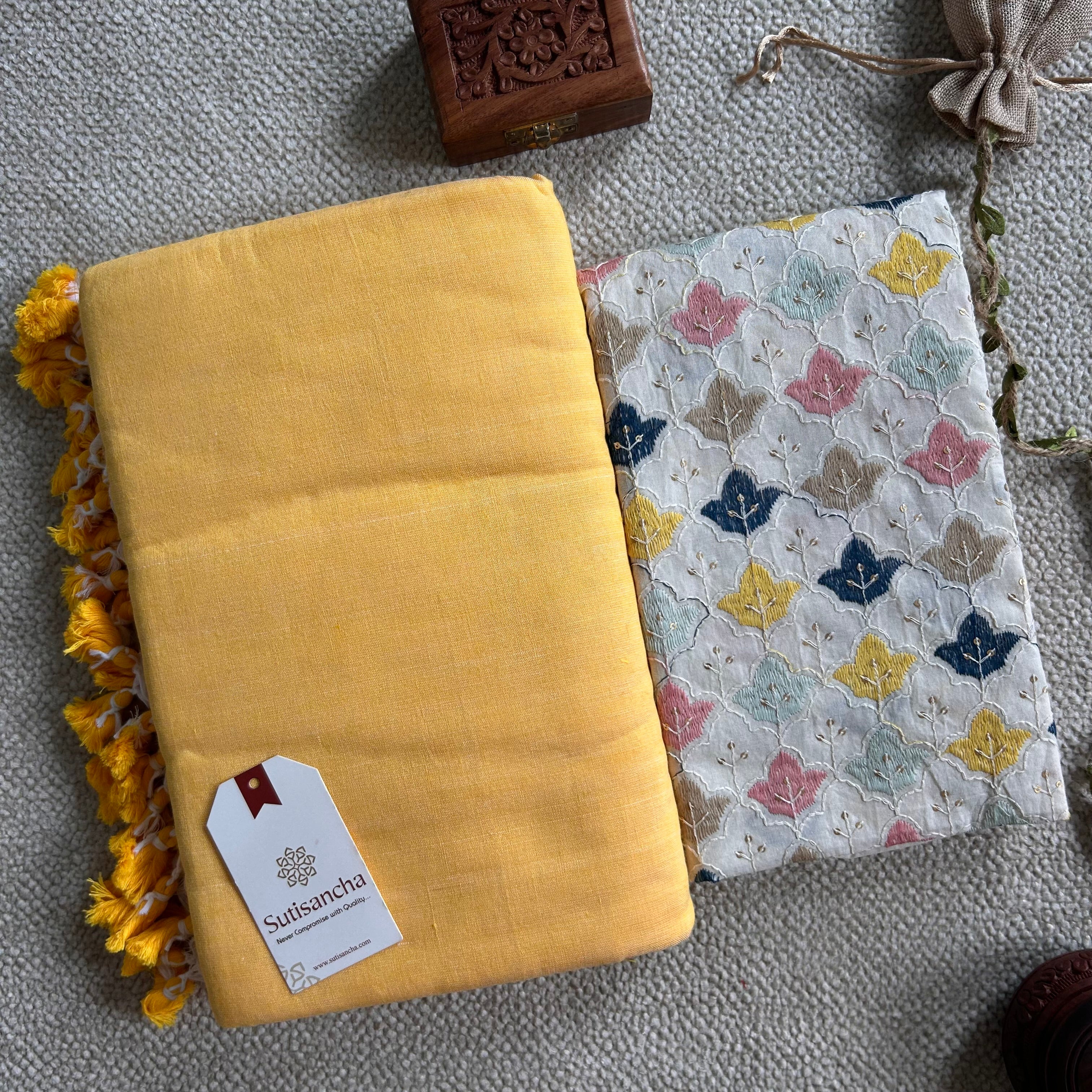 Sutisancha Yellow Handloom Cotton Saree with Designer Work Blouse