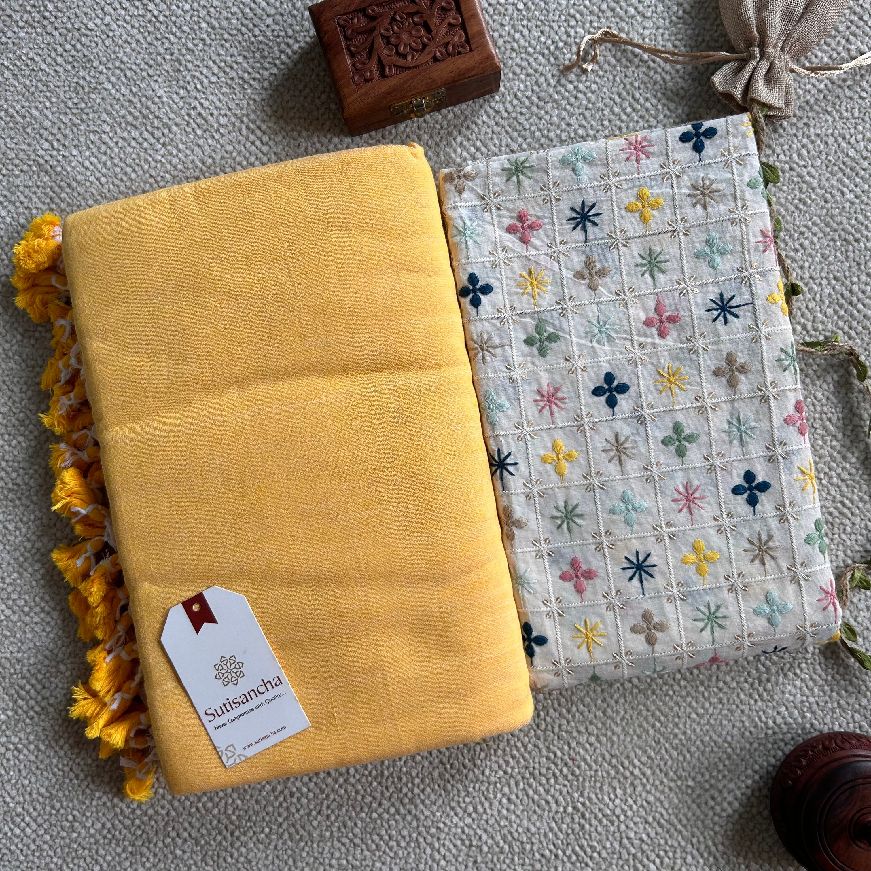 Sutisancha Yellow Cotton Saree designer work Blouse