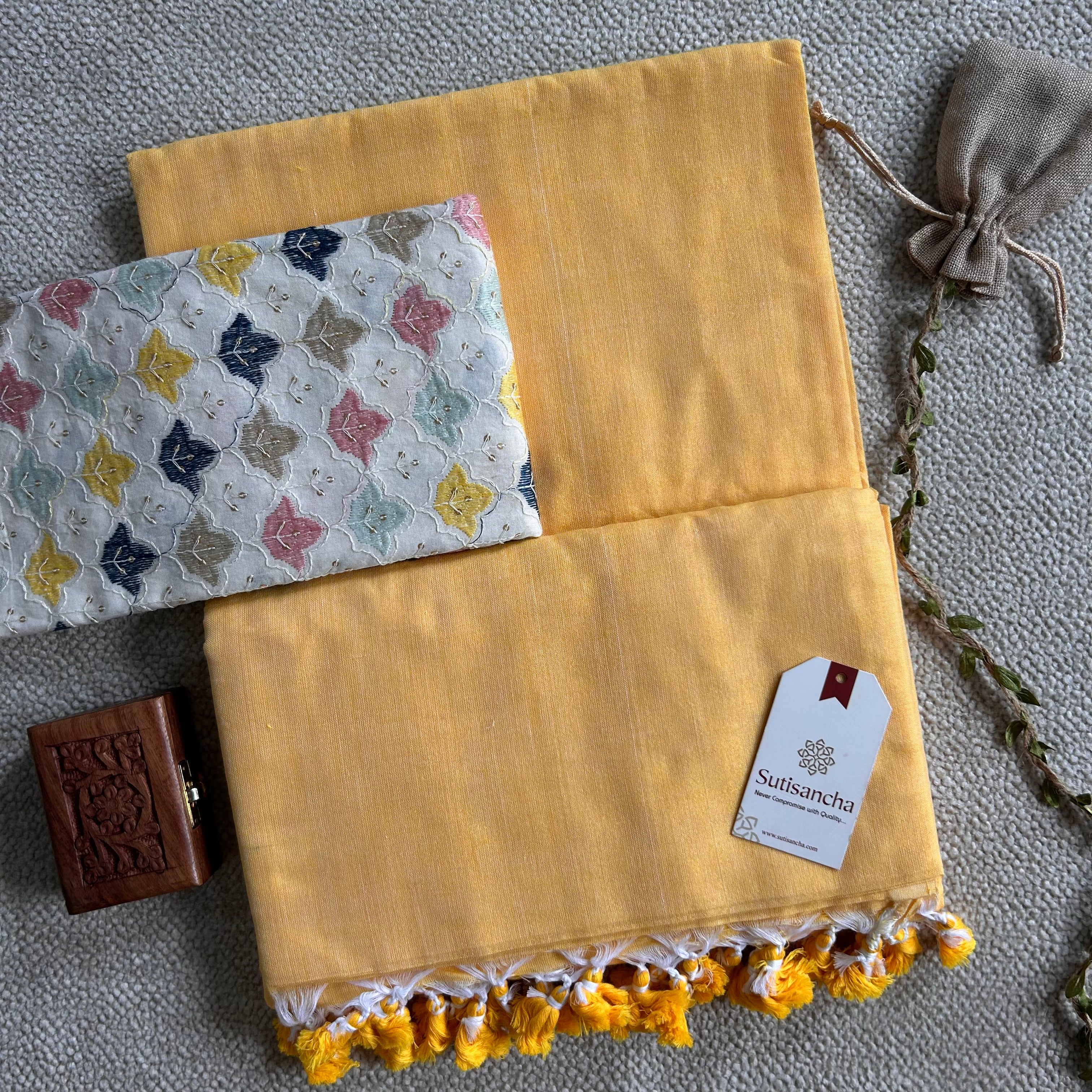 Sutisancha Yellow Handloom Cotton Saree with Designer Work Blouse