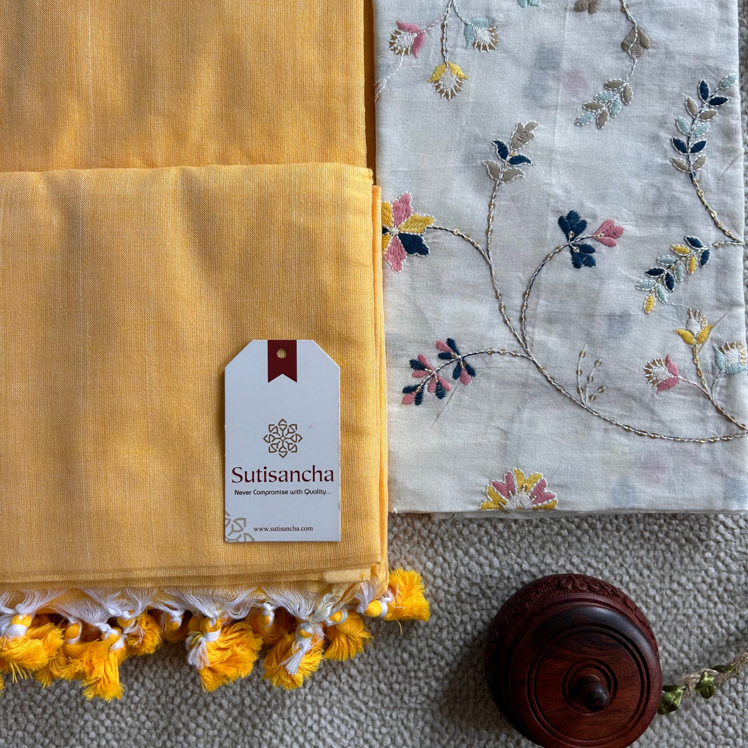 Sutisancha Yellow Handloom Cotton Saree with Designer Blouse