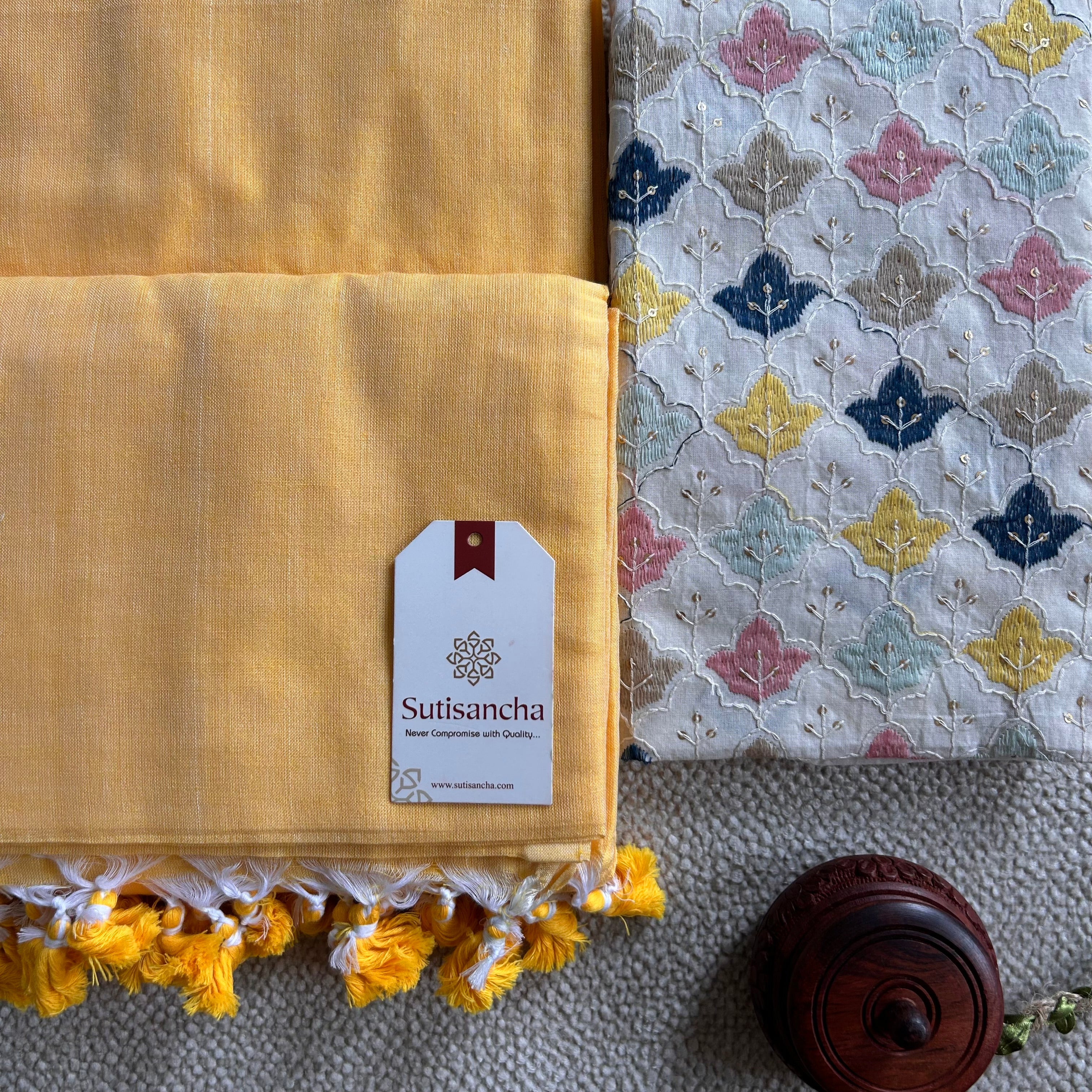 Sutisancha Yellow Handloom Cotton Saree with Designer Work Blouse