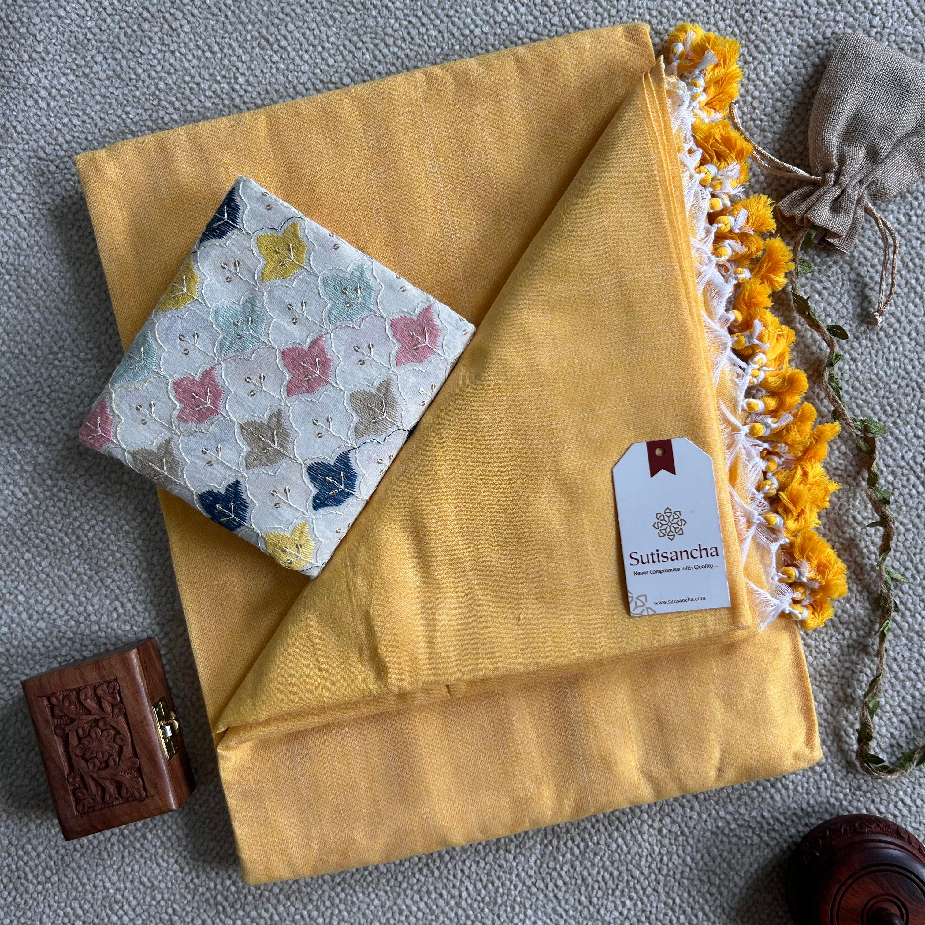 Sutisancha Yellow Handloom Cotton Saree with Designer Work Blouse