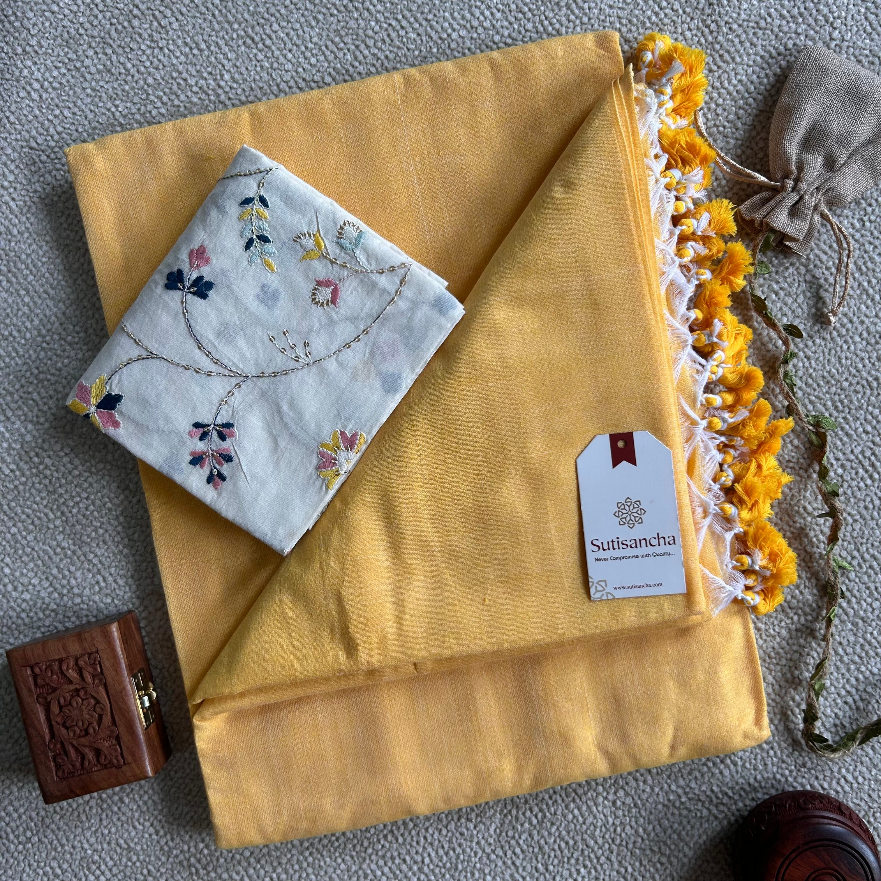 Sutisancha Yellow Handloom Cotton Saree with Designer Blouse
