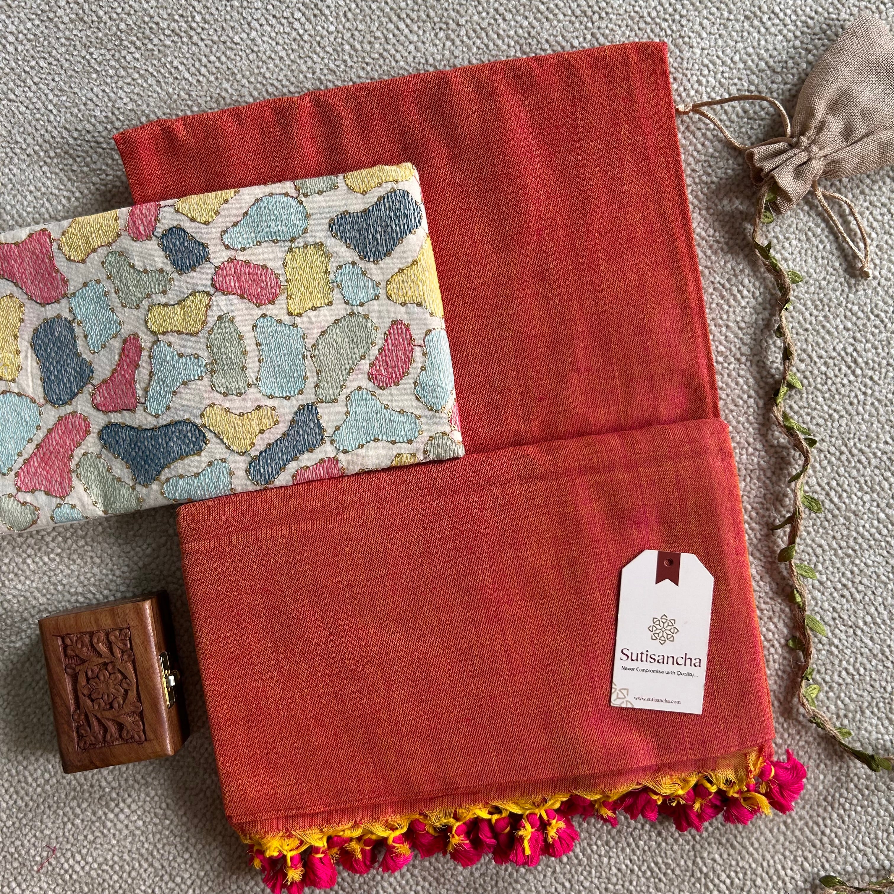Sutisancha Peach Handloom Cotton Saree with Designer Blouse