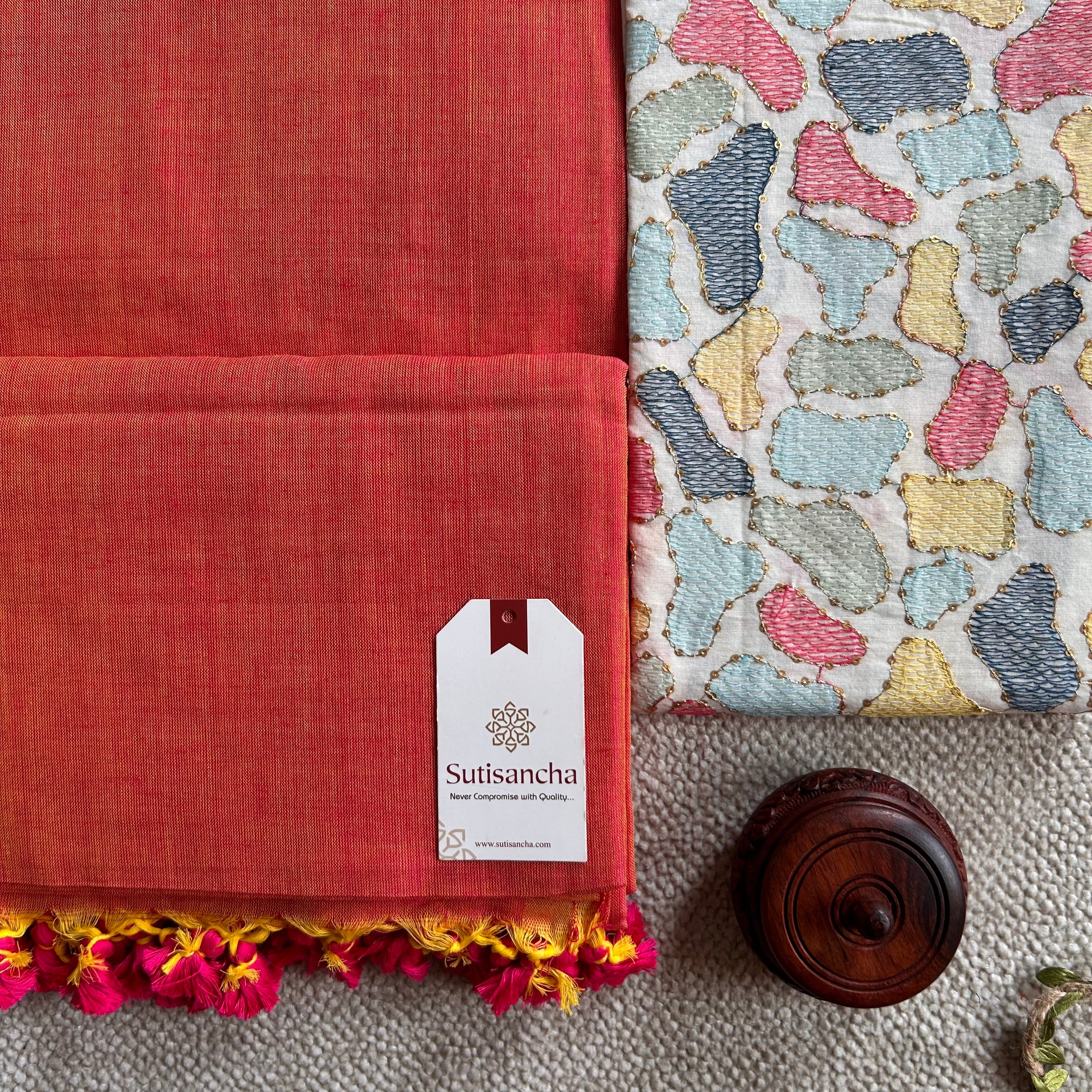 Sutisancha Peach Handloom Cotton Saree with Designer Blouse