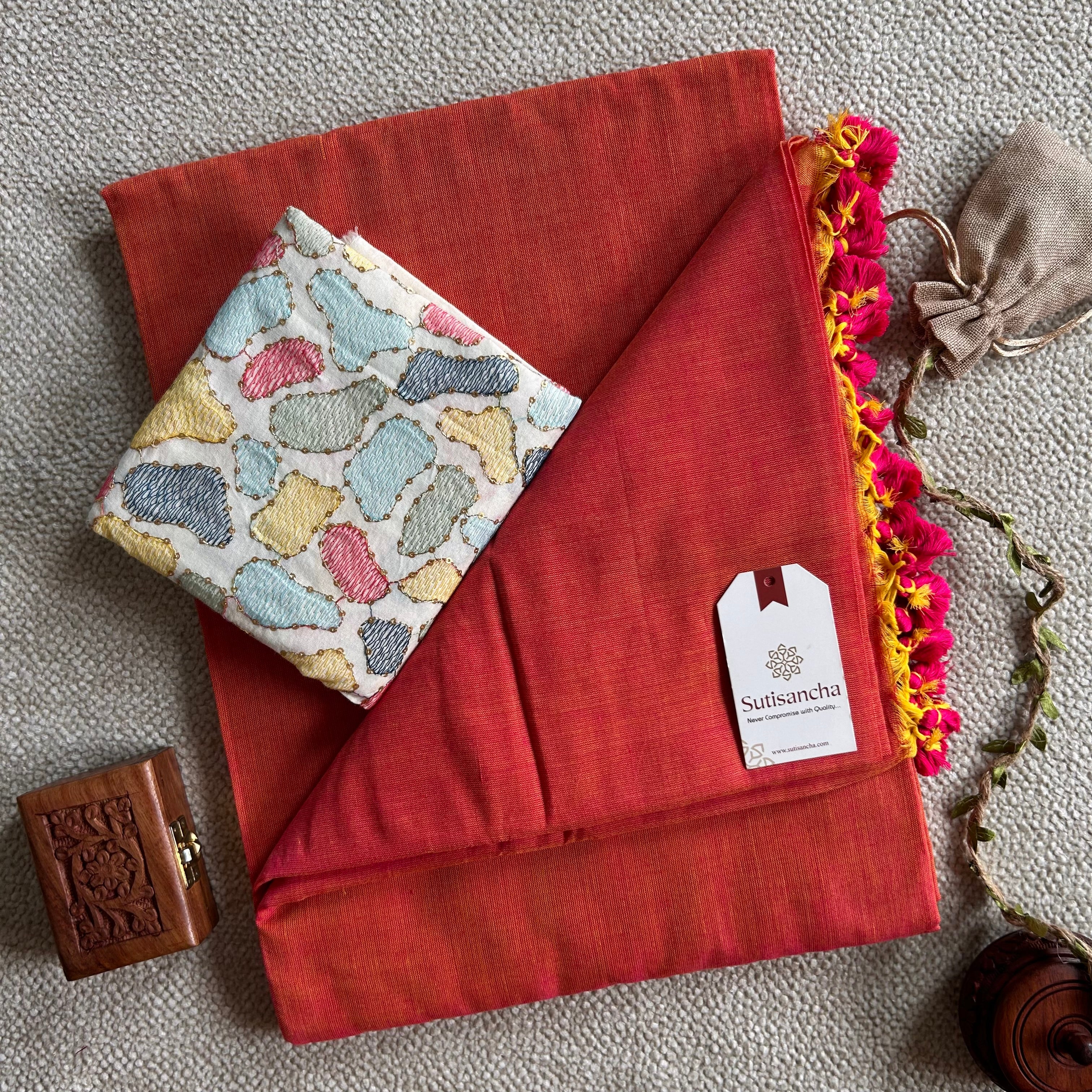 Sutisancha Peach Handloom Cotton Saree with Designer Blouse