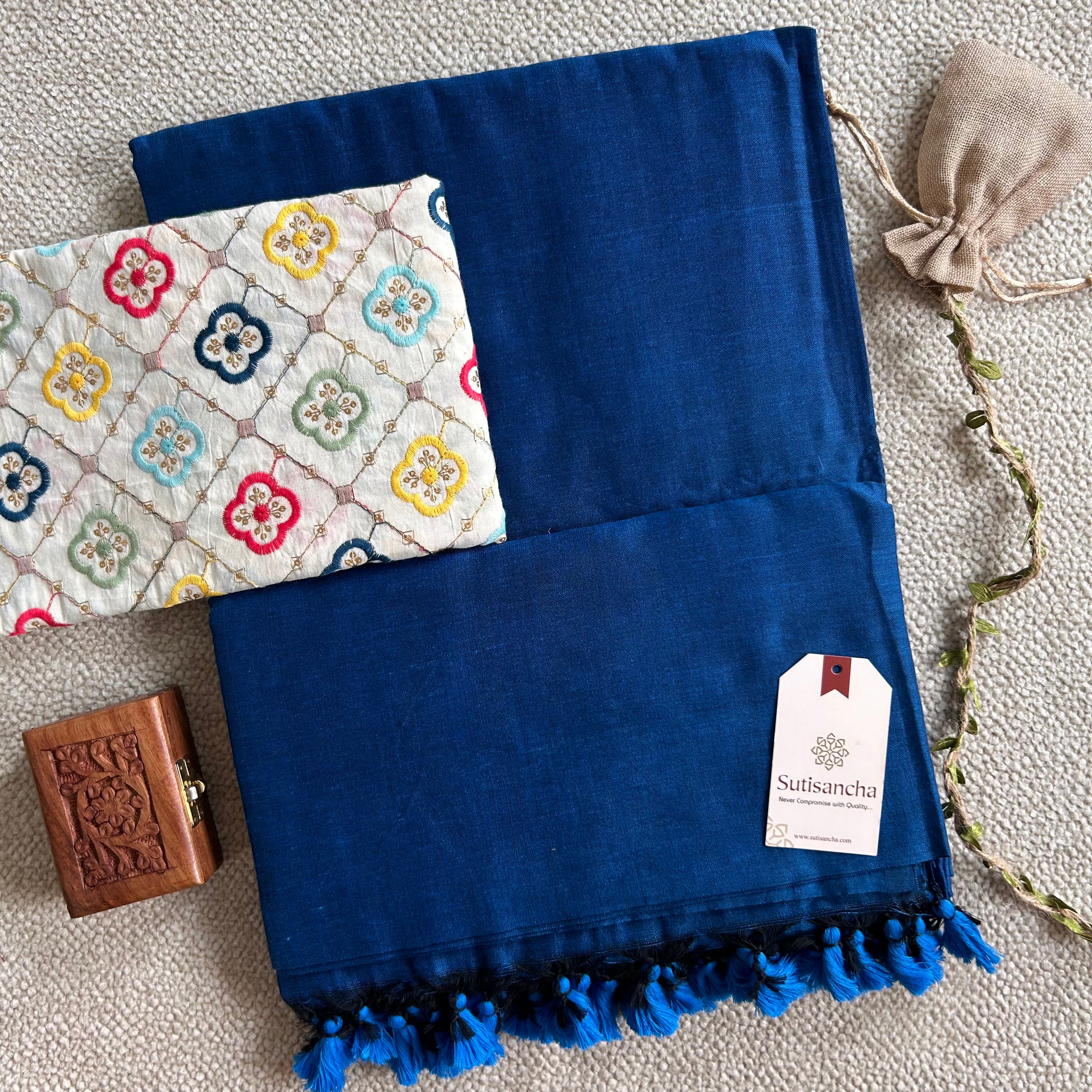 Sutisancha indigoBlue Handloom Cotton Saree with Designer Blouse