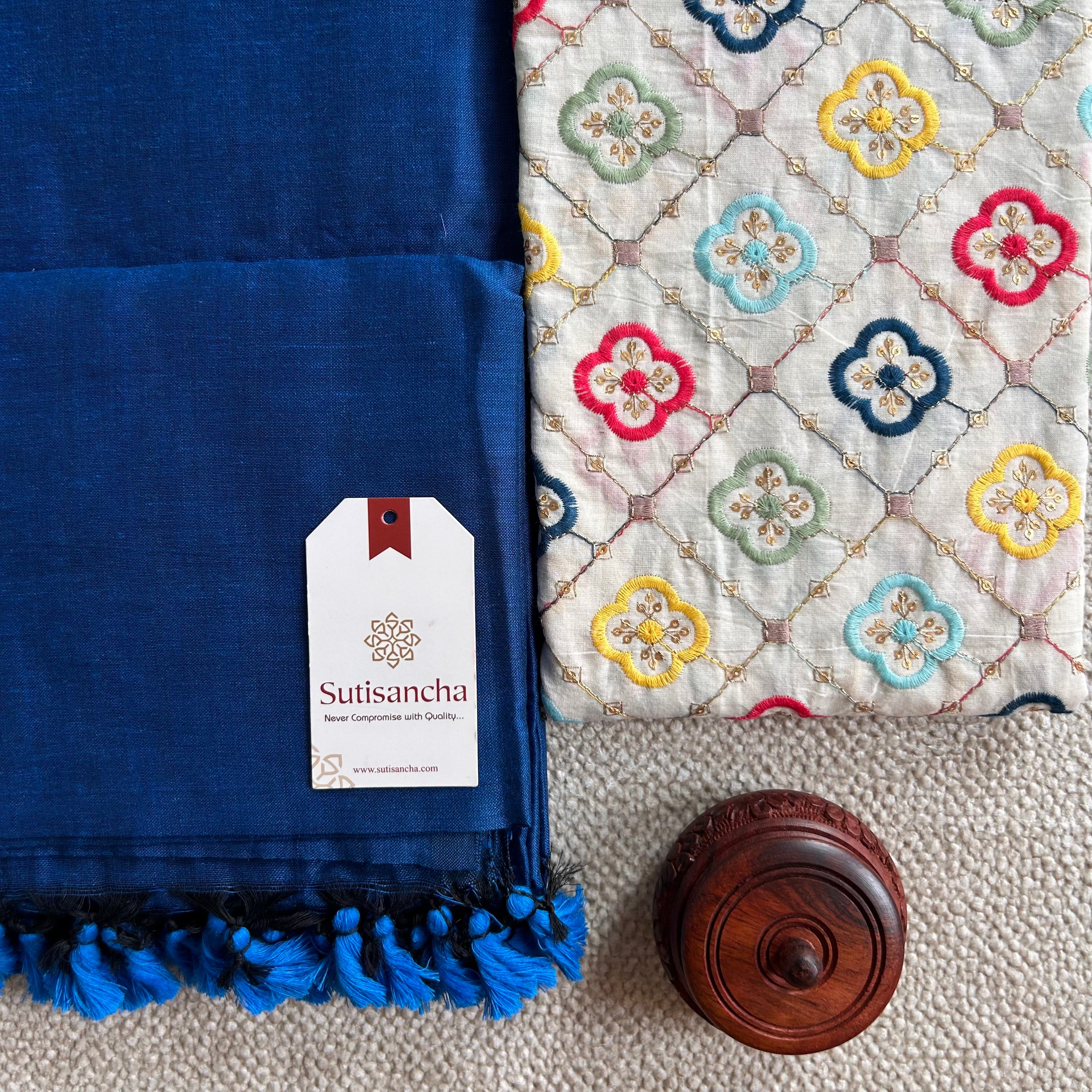 Sutisancha indigoBlue Handloom Cotton Saree with Designer Blouse