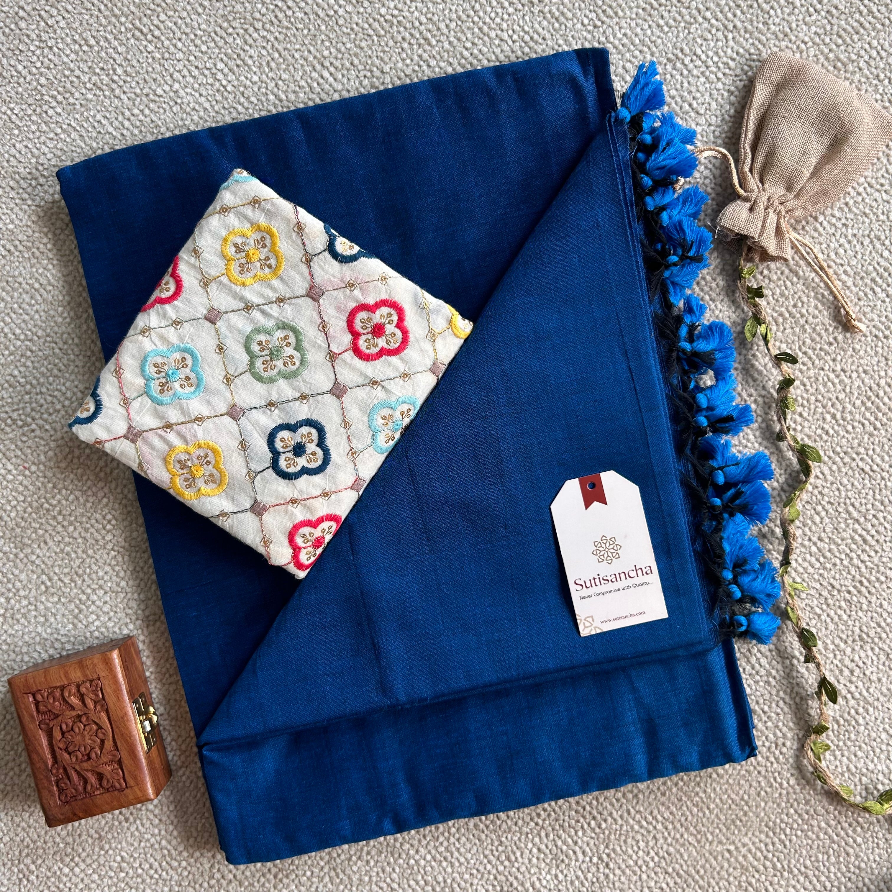 Sutisancha indigoBlue Handloom Cotton Saree with Designer Blouse
