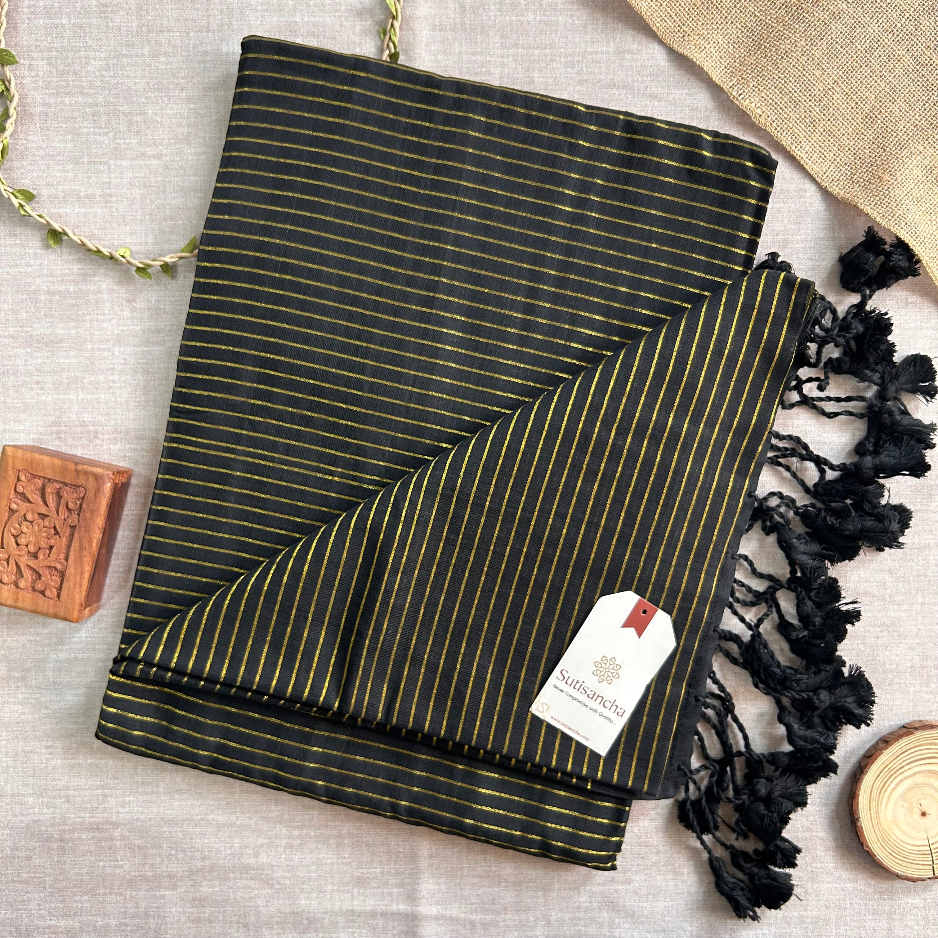Sutisancha Black Stripe cotton Saree designer work Blouse
