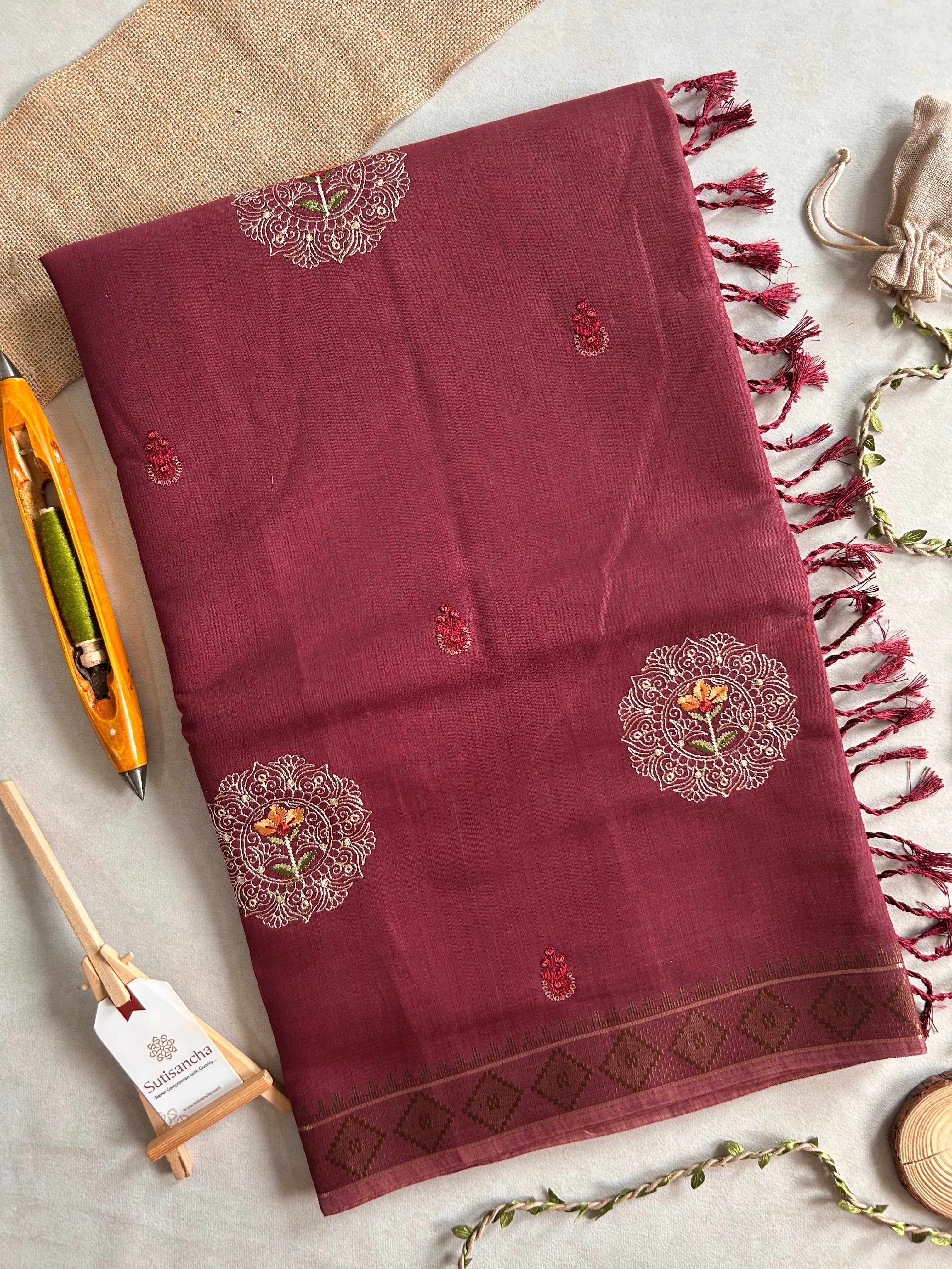 Kavya Heritage Cotton Saree Floral Thread Art
