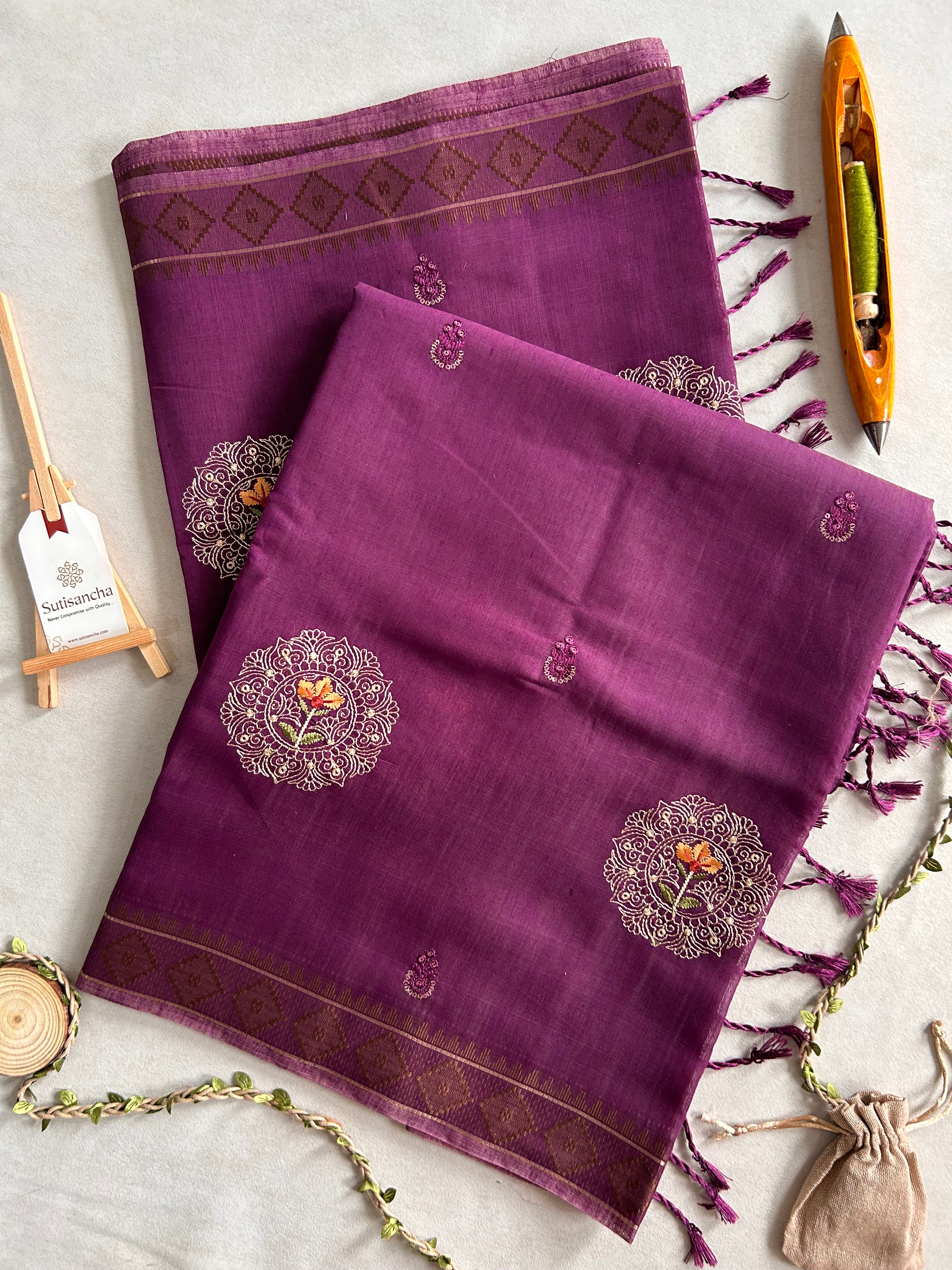Kavya Heritage Cotton Saree Floral Thread Art