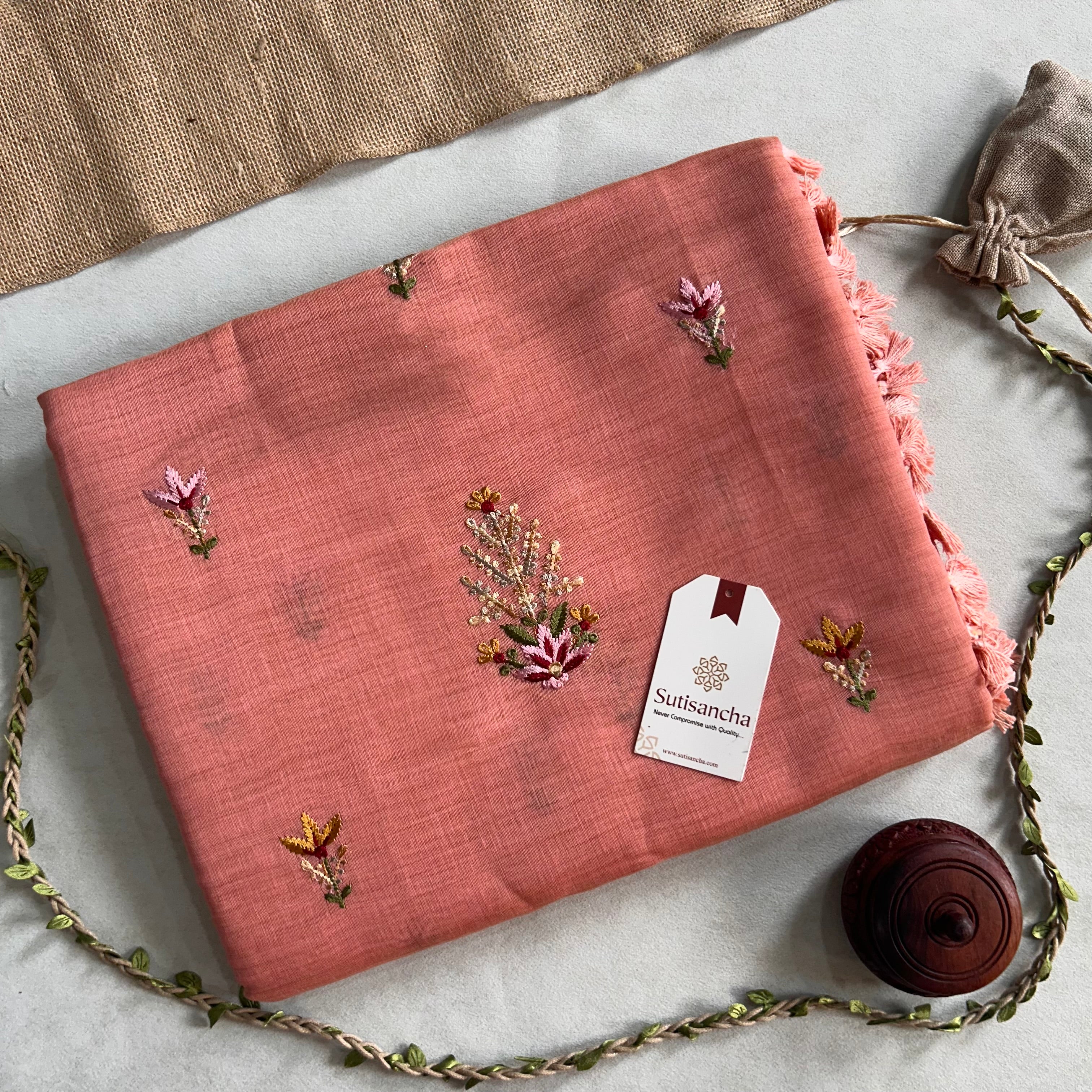 Vanika Botanical Cotton Saree Delicate Floral Thread Art